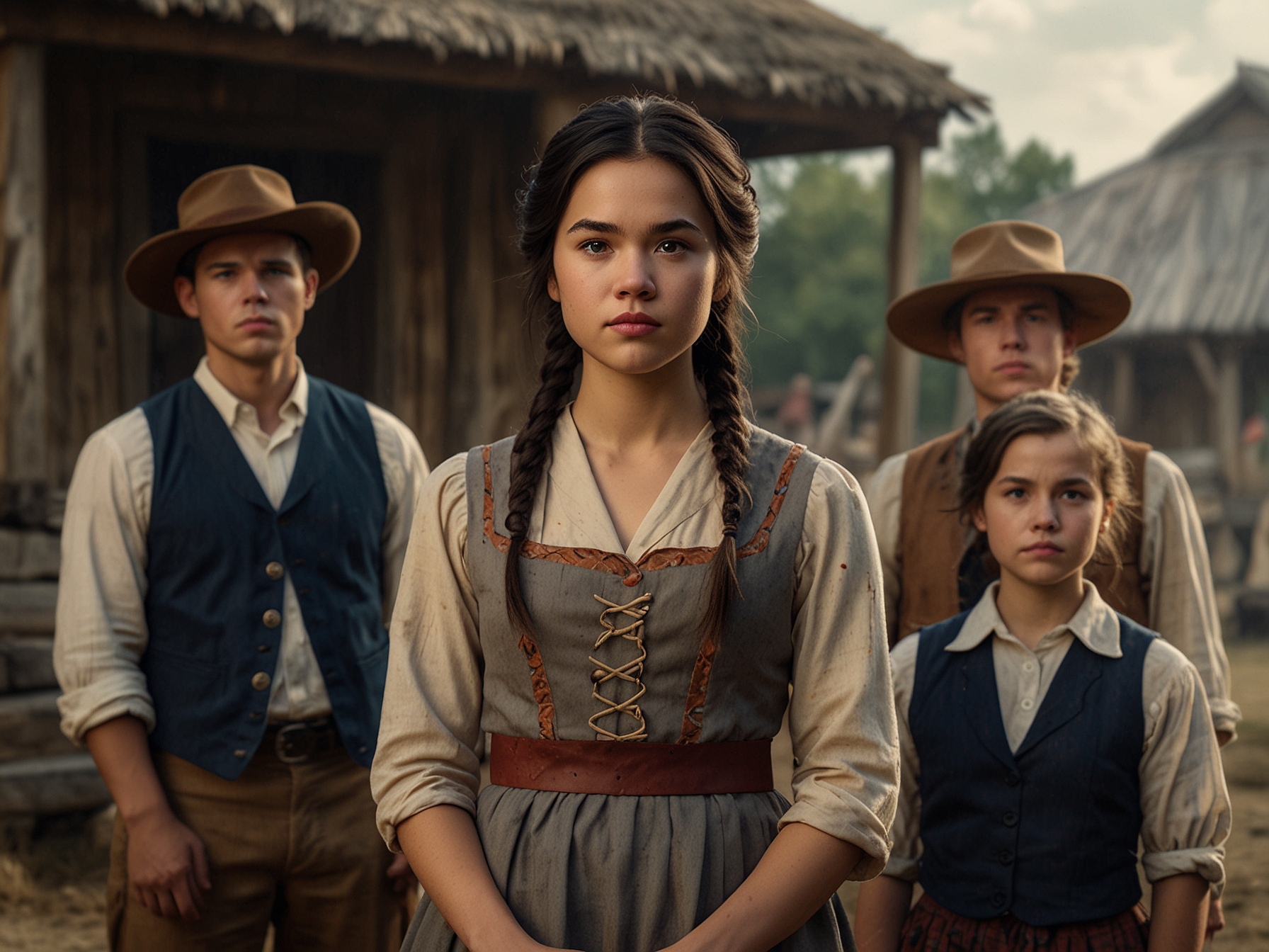 Peyton Elizabeth Lee stands in historical reenactment village attire, surrounded by fellow survivors, hinting at the comedic and eerie challenges they will face in 'Carved.'