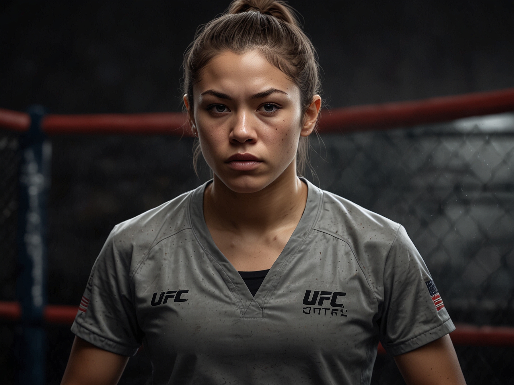 Tracy Cortez, focused and intense, perfecting her grappling skills during a training session. This image captures her preparing for the high-stakes UFC fight against Rose Namajunas.