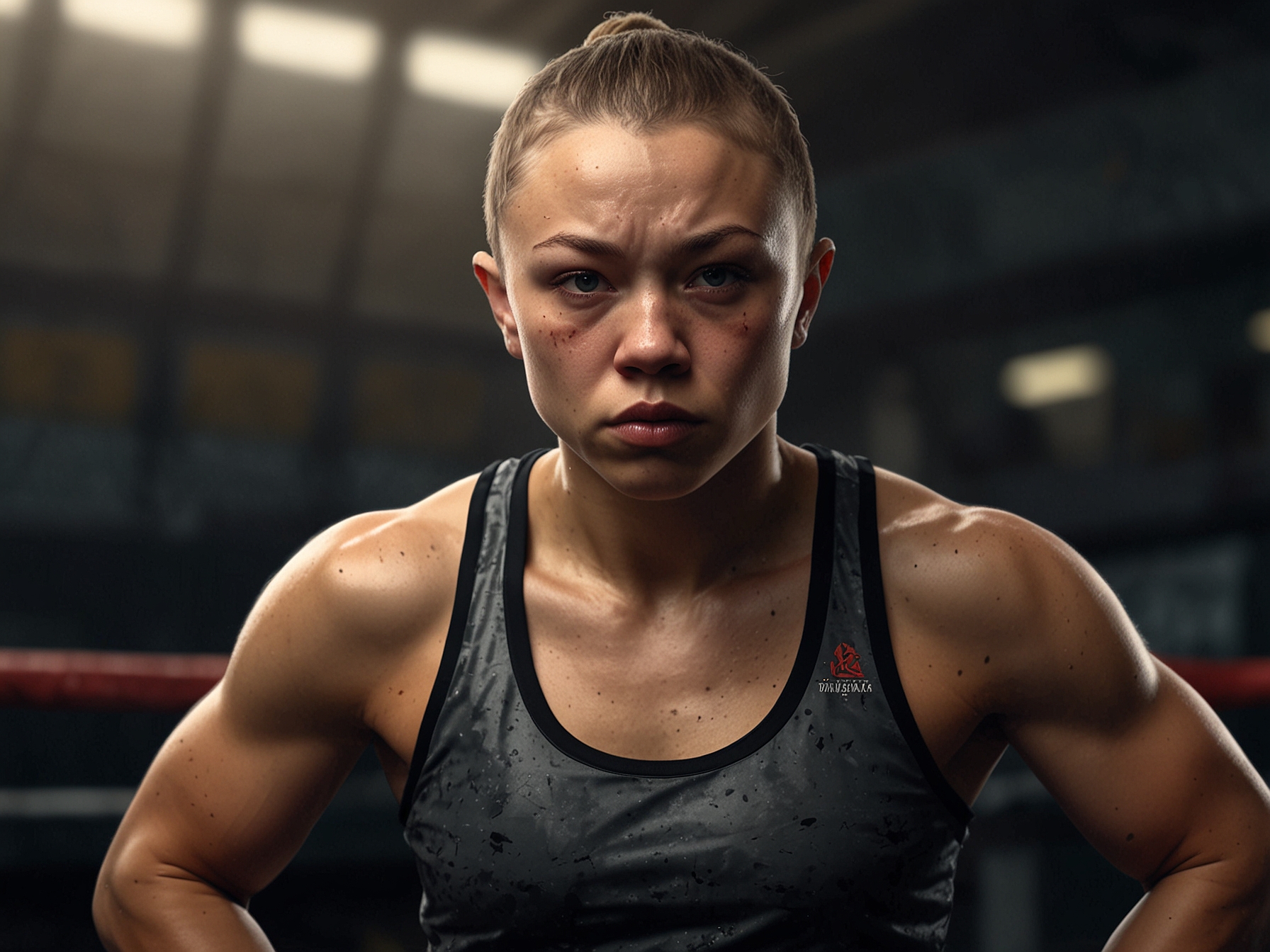 Rose Namajunas, looking determined and resilient, shadowboxing in a gym. The illustration highlights her intense preparation and mental toughness ahead of the fight.