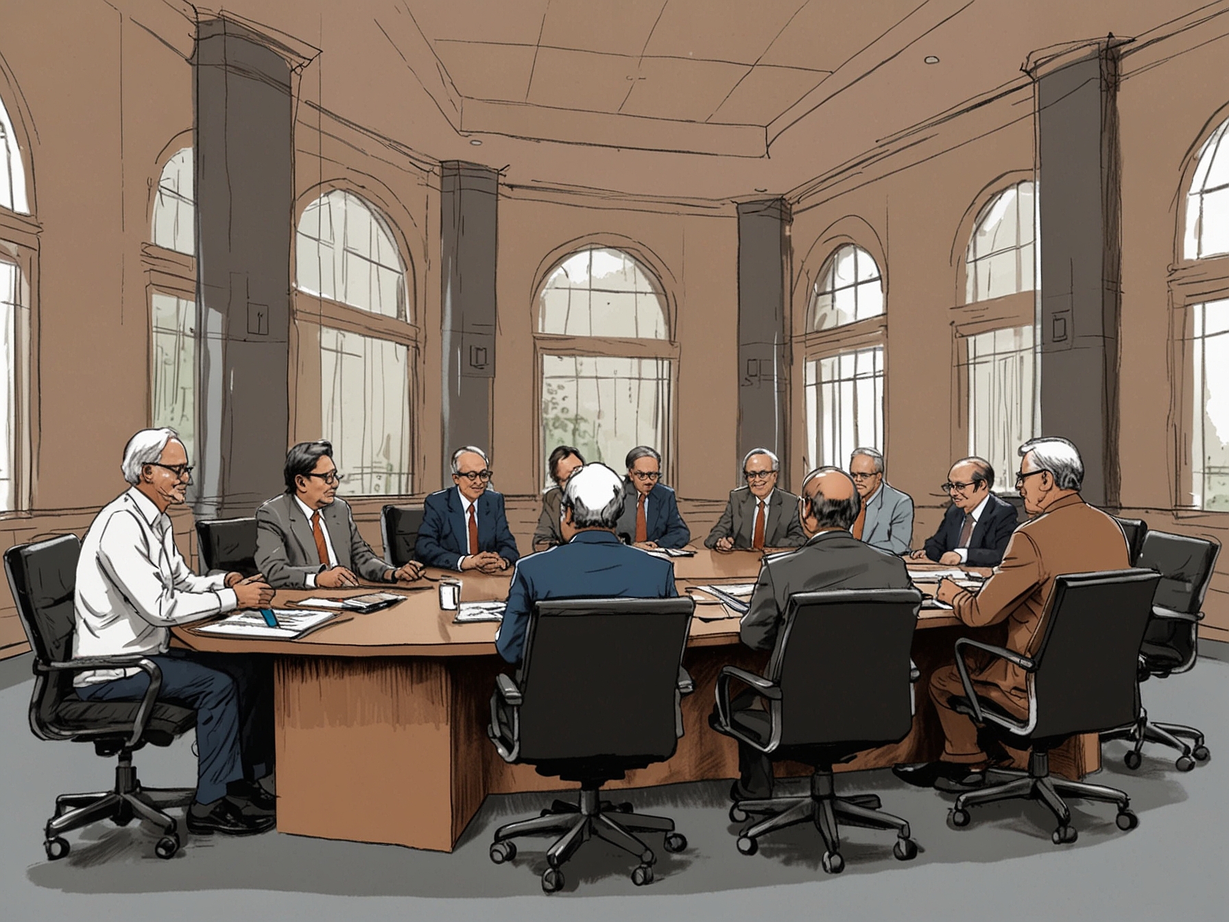 An illustration of the GST Council meeting, highlighting key officials discussing tax rate rationalization and reforms to simplify India's tax regime for businesses and consumers.