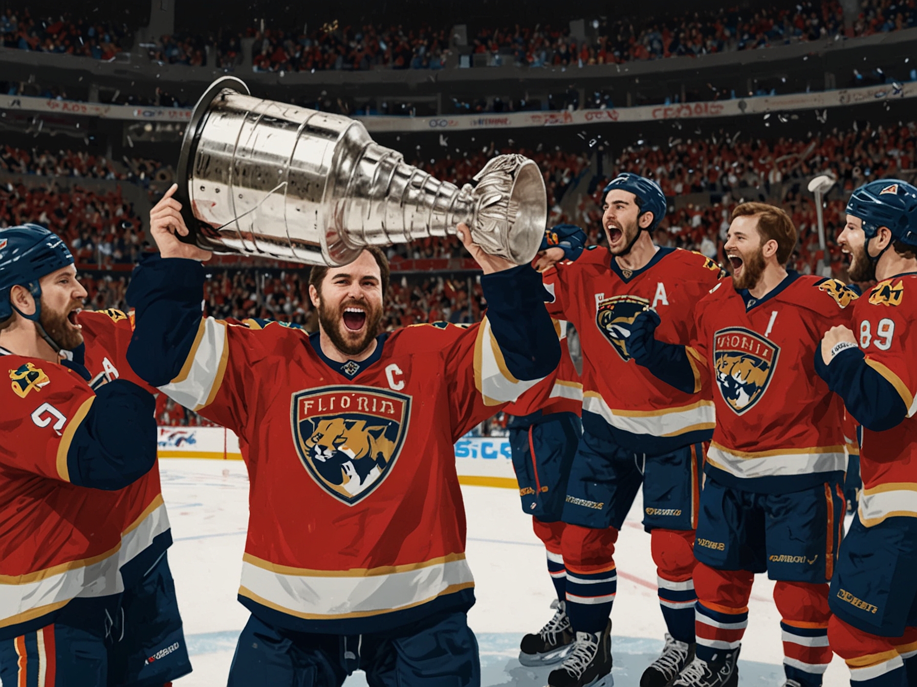 Celebratory scene as the Florida Panthers lift the Stanley Cup after their historic victory against the Edmonton Oilers in Game 7, capturing the joy and triumph of their first championship win since 1996.