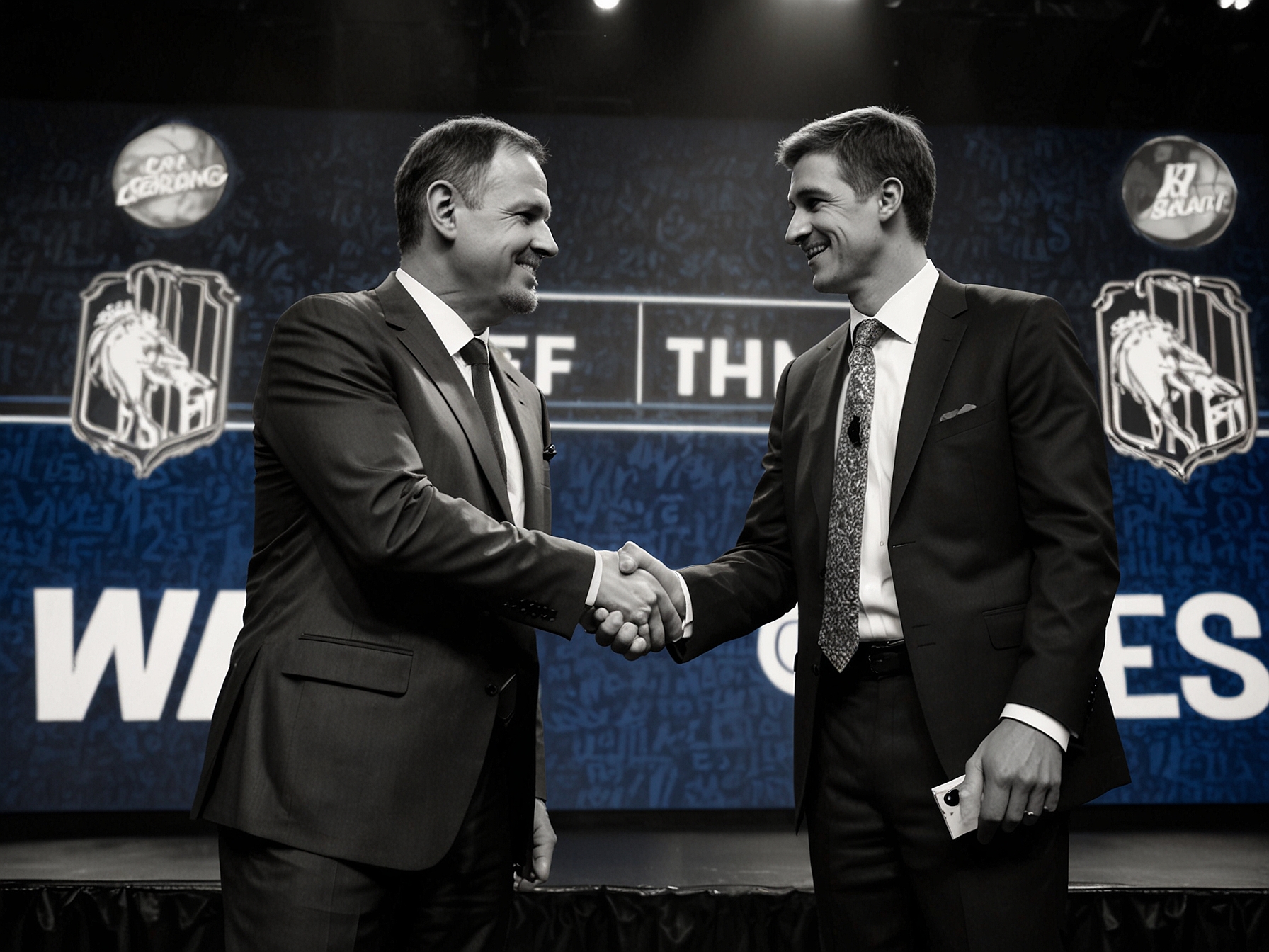 Timberwolves' General Manager Tim Connelly shakes hands with Rob Dillingham on the NBA Draft stage, illustrating the franchise's bold move and new direction.