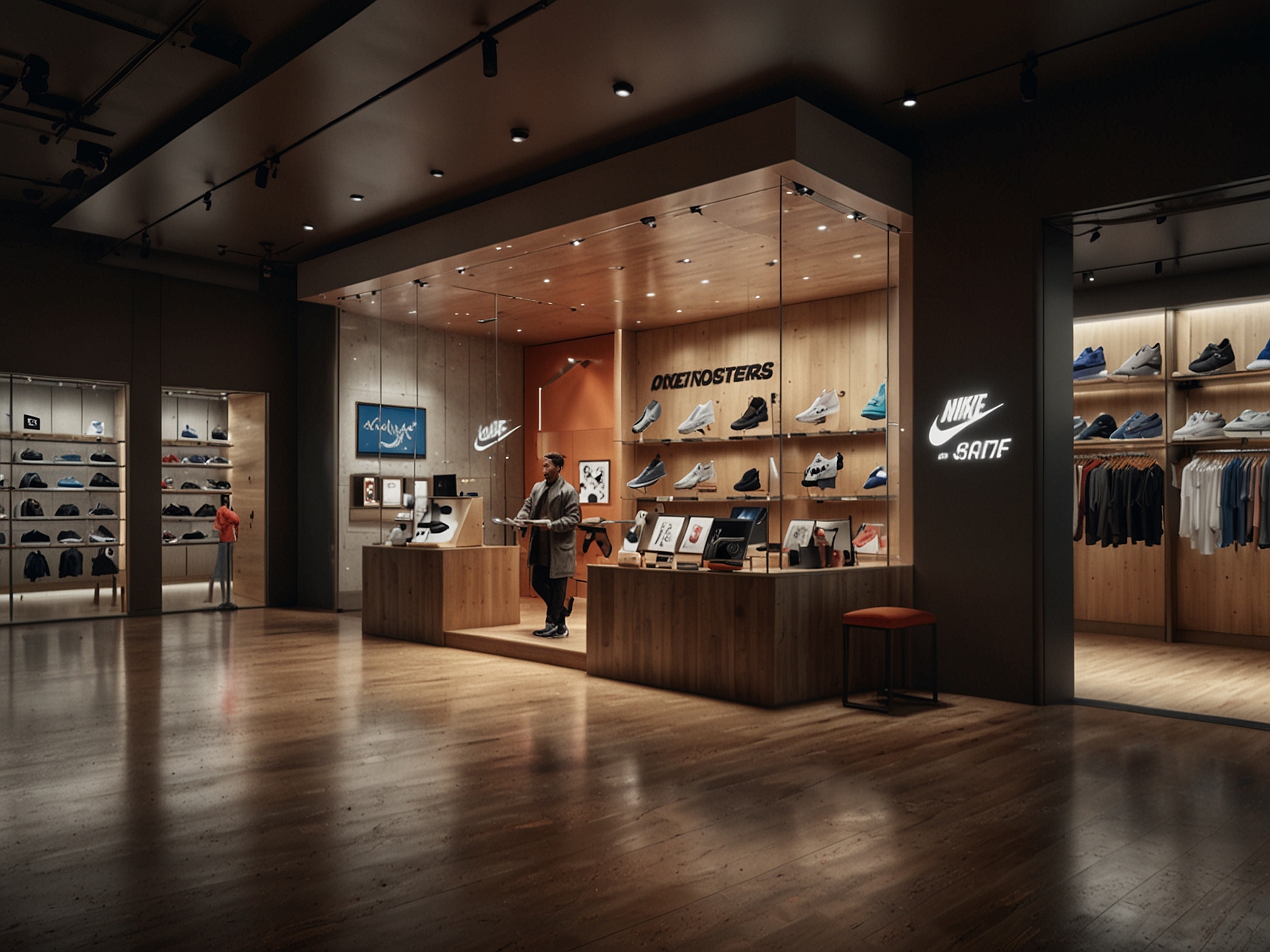 A Nike store with visible branding and customers, representing consumer engagement and direct-to-consumer strategies that the company hopes will bolster its financial performance.
