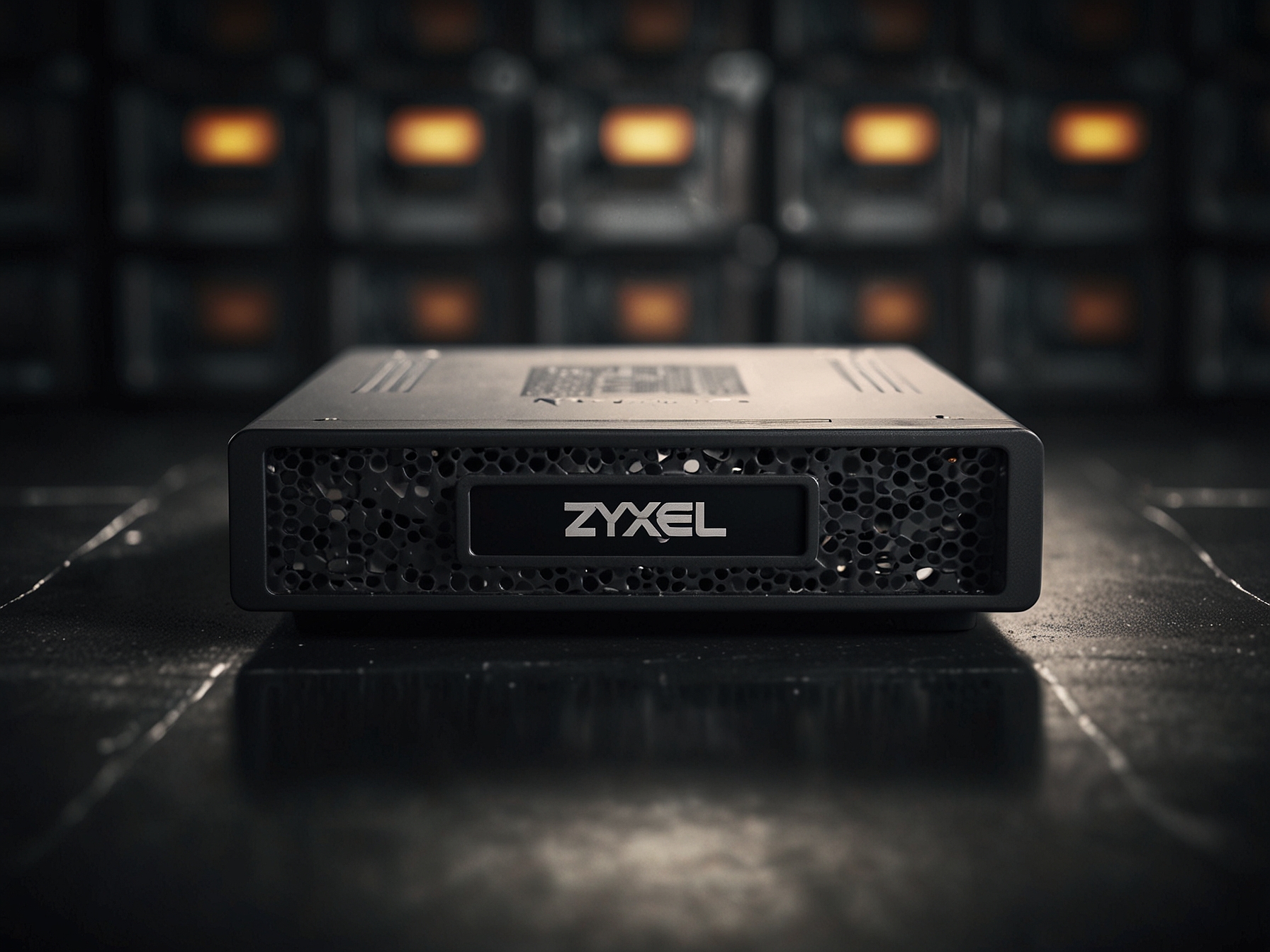 A close-up of a Zyxel NAS device with a caution symbol representing the newly discovered Mirai-esque botnet targeting outdated models, illustrating the urgent need for security updates.