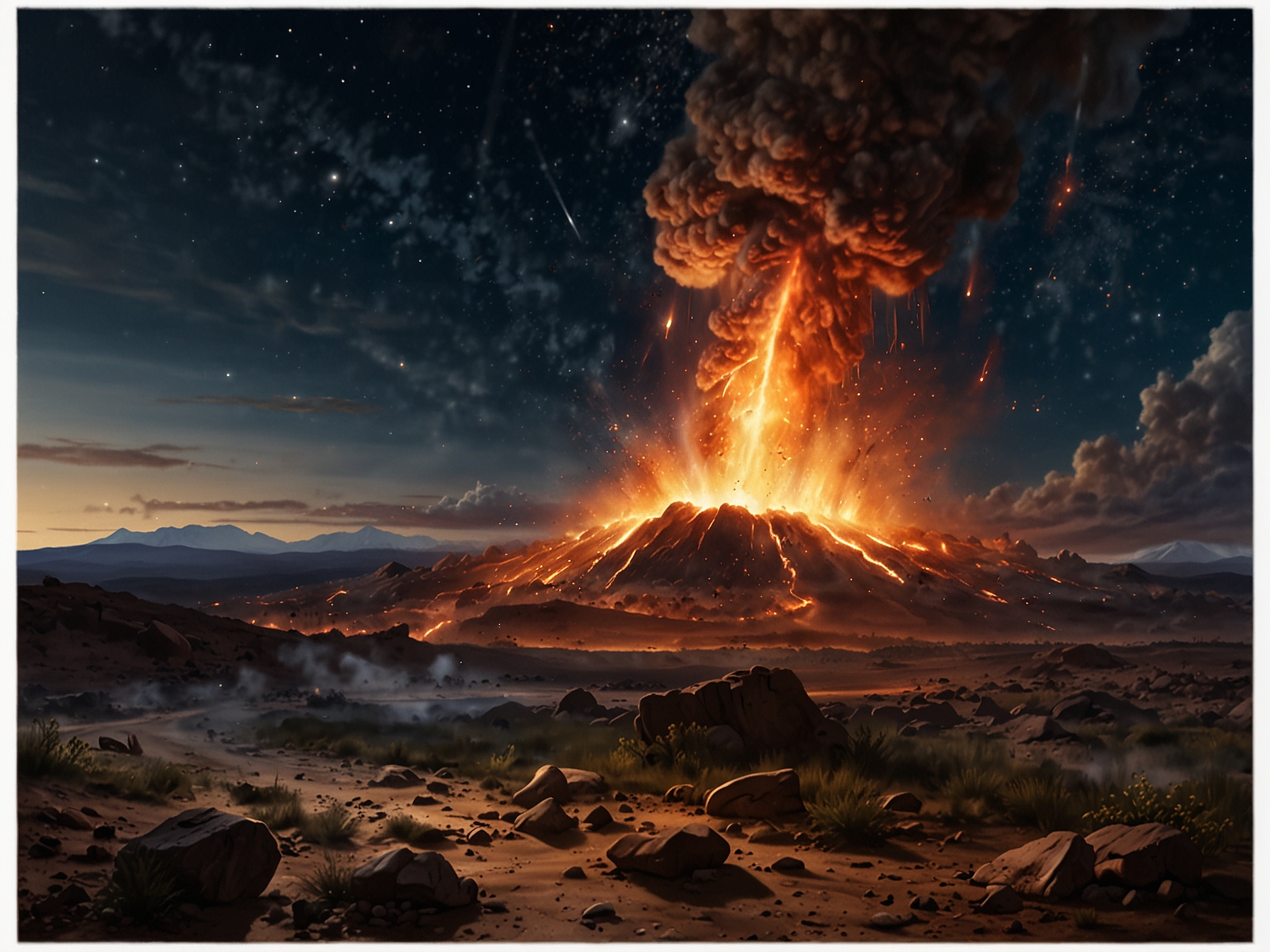 Illustration of a comet airburst 12,800 years ago, scattering debris and igniting wildfires, contributing to sudden climatic changes at the onset of the Younger Dryas period.