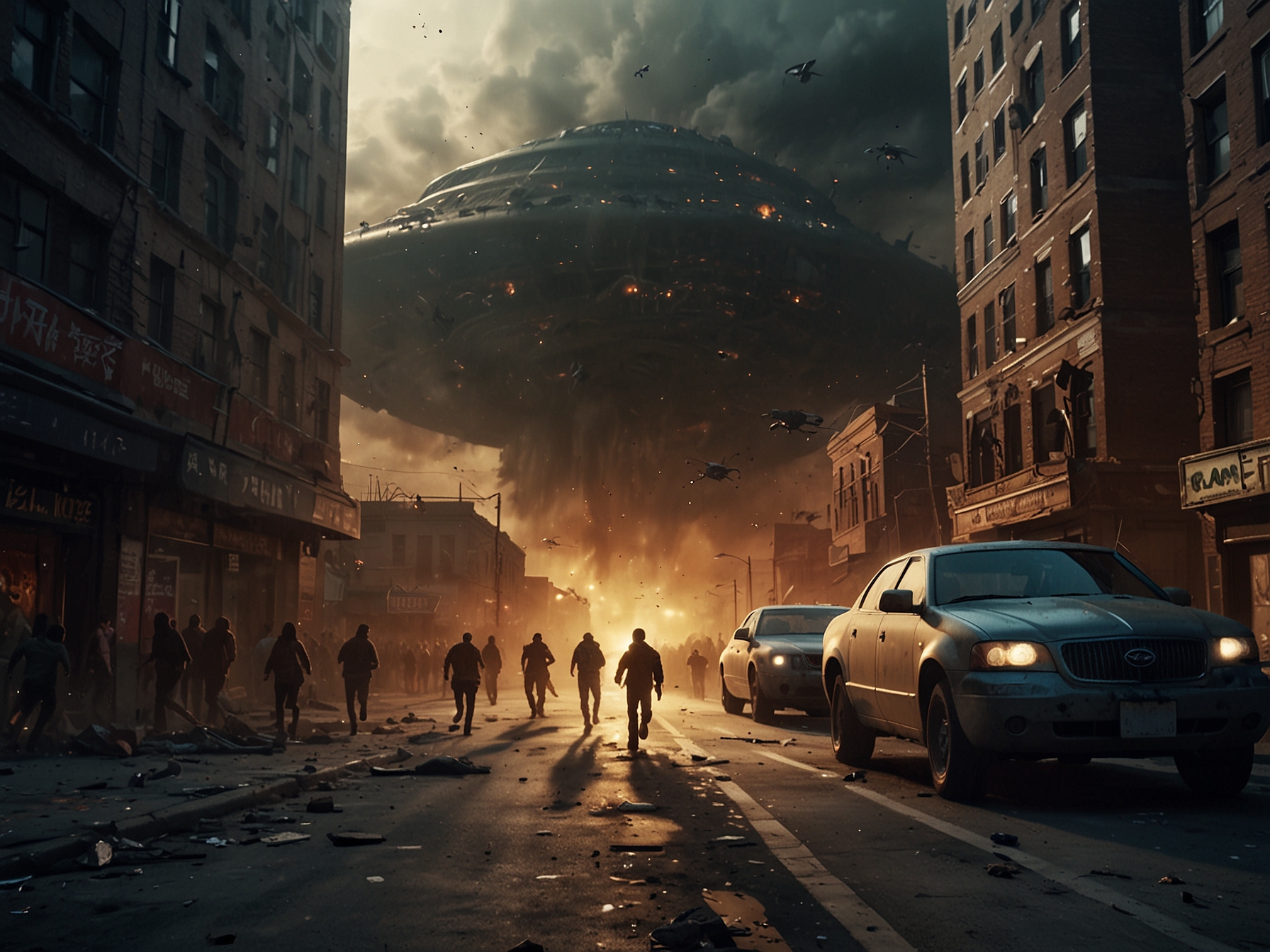 A scene depicting the sheer abruptness and brutality of the alien invasion, with people running in panic through a desolate city street, showcasing the chaos and despair of the initial attack.
