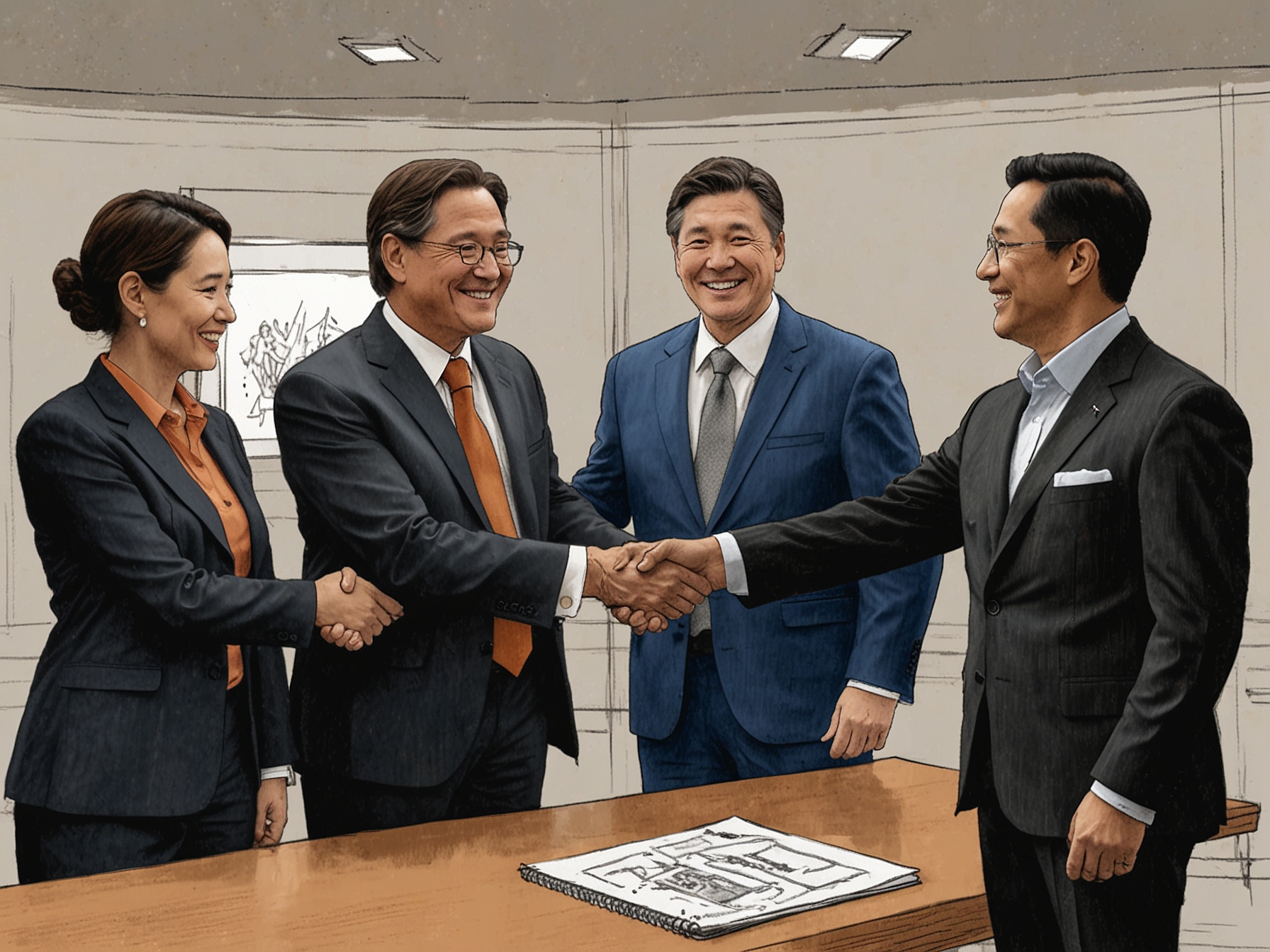 John Doe, the newly appointed CEO of Star Entertainment Group, is seen shaking hands with board members, symbolizing the company's optimistic future and leadership change.