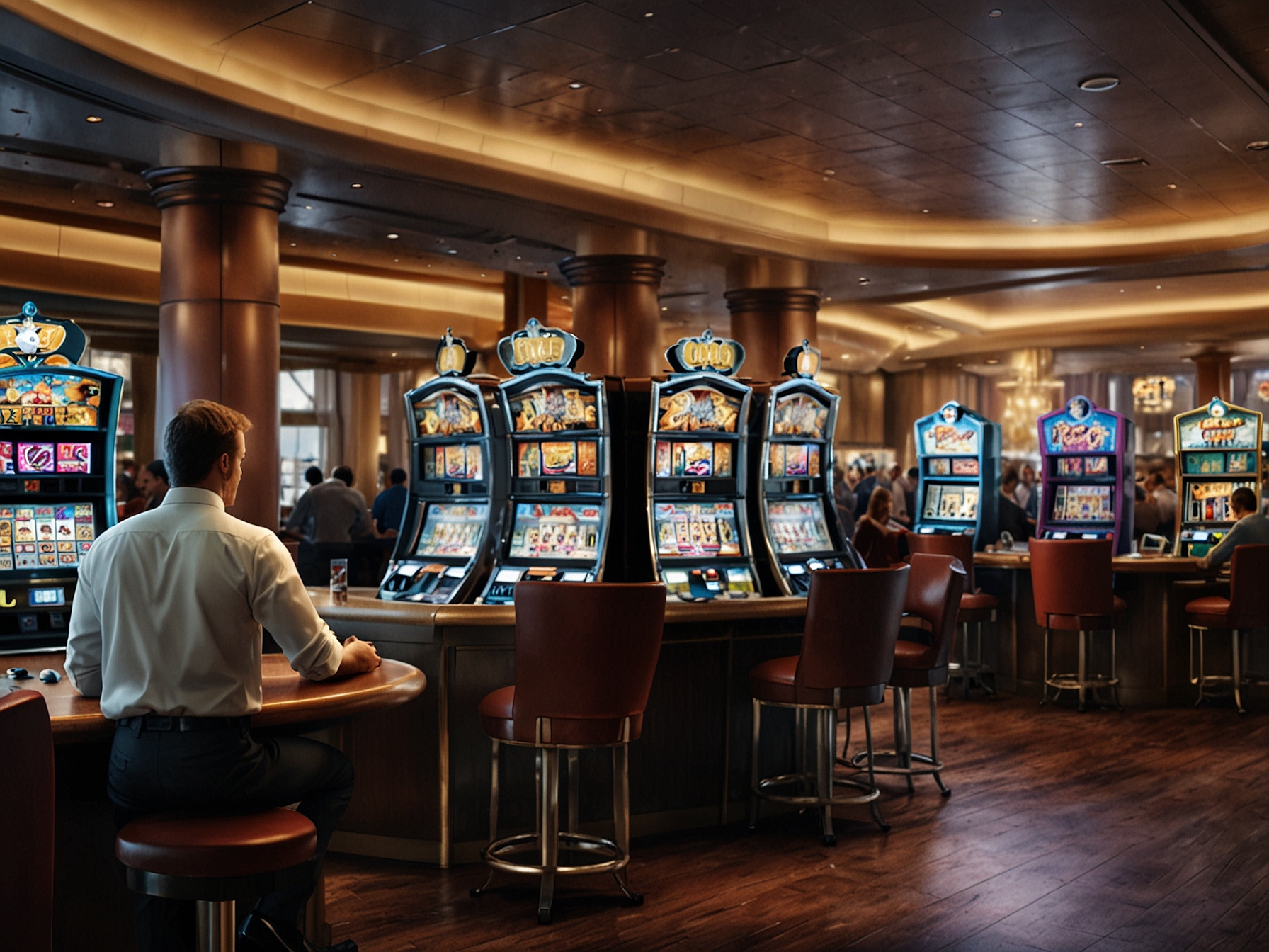 A bustling Star Entertainment casino featuring advanced gaming machines and engaged customers, illustrating the company's focus on innovative and enhanced customer experiences.