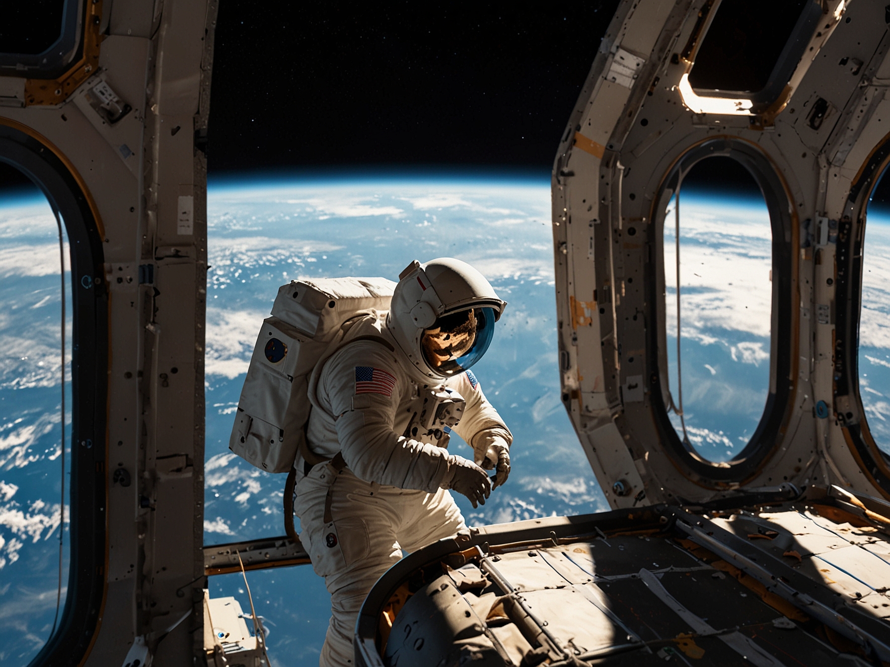 An engineer examines an outdated NASA spacesuit on the International Space Station (ISS), highlighting the necessity for new, advanced suits for upcoming missions like Artemis.