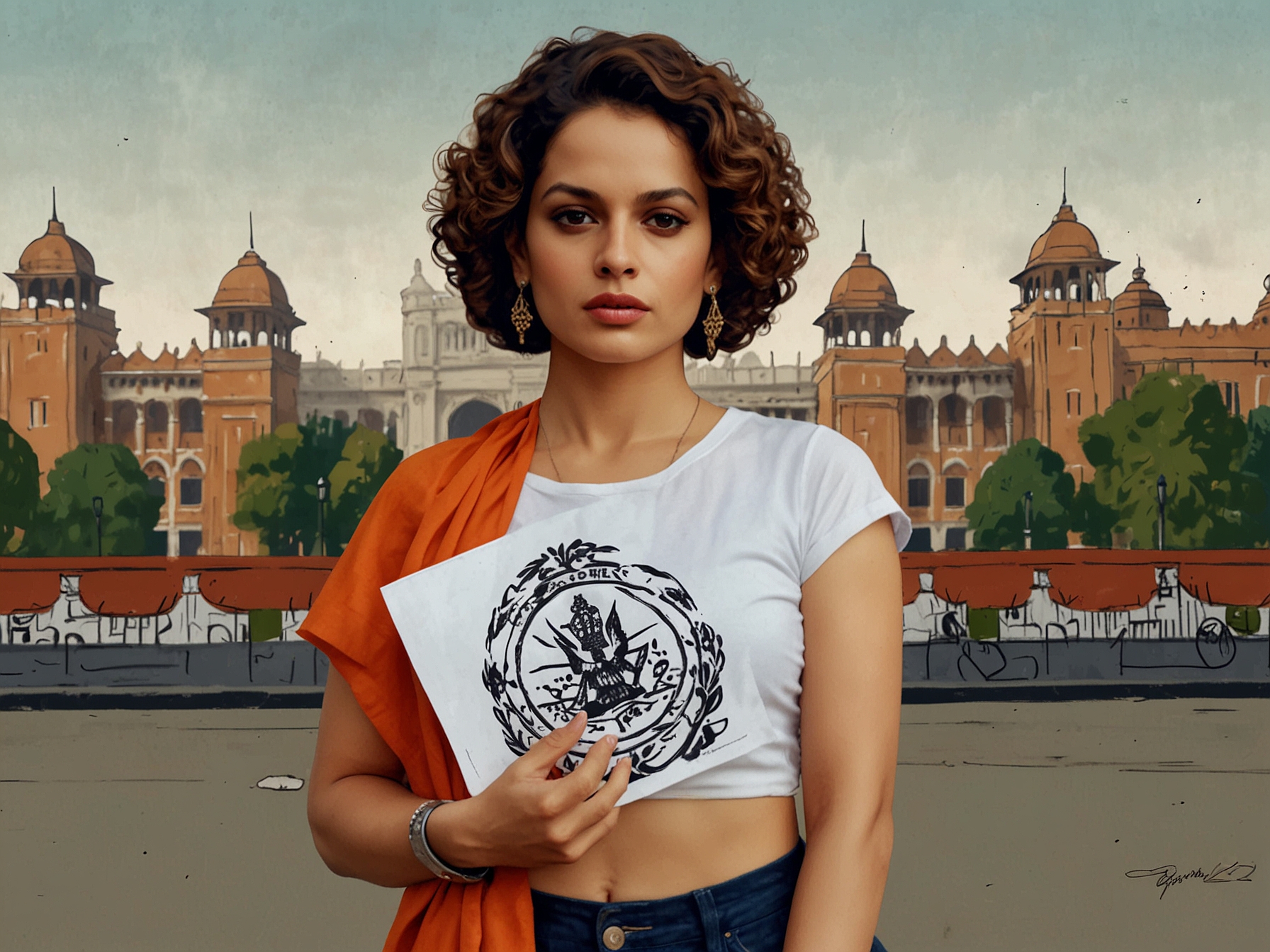 Kangana Ranaut stands outside the Parliament house promoting her film 'Emergency', holding a poster and addressing the media amidst the historic setting.
