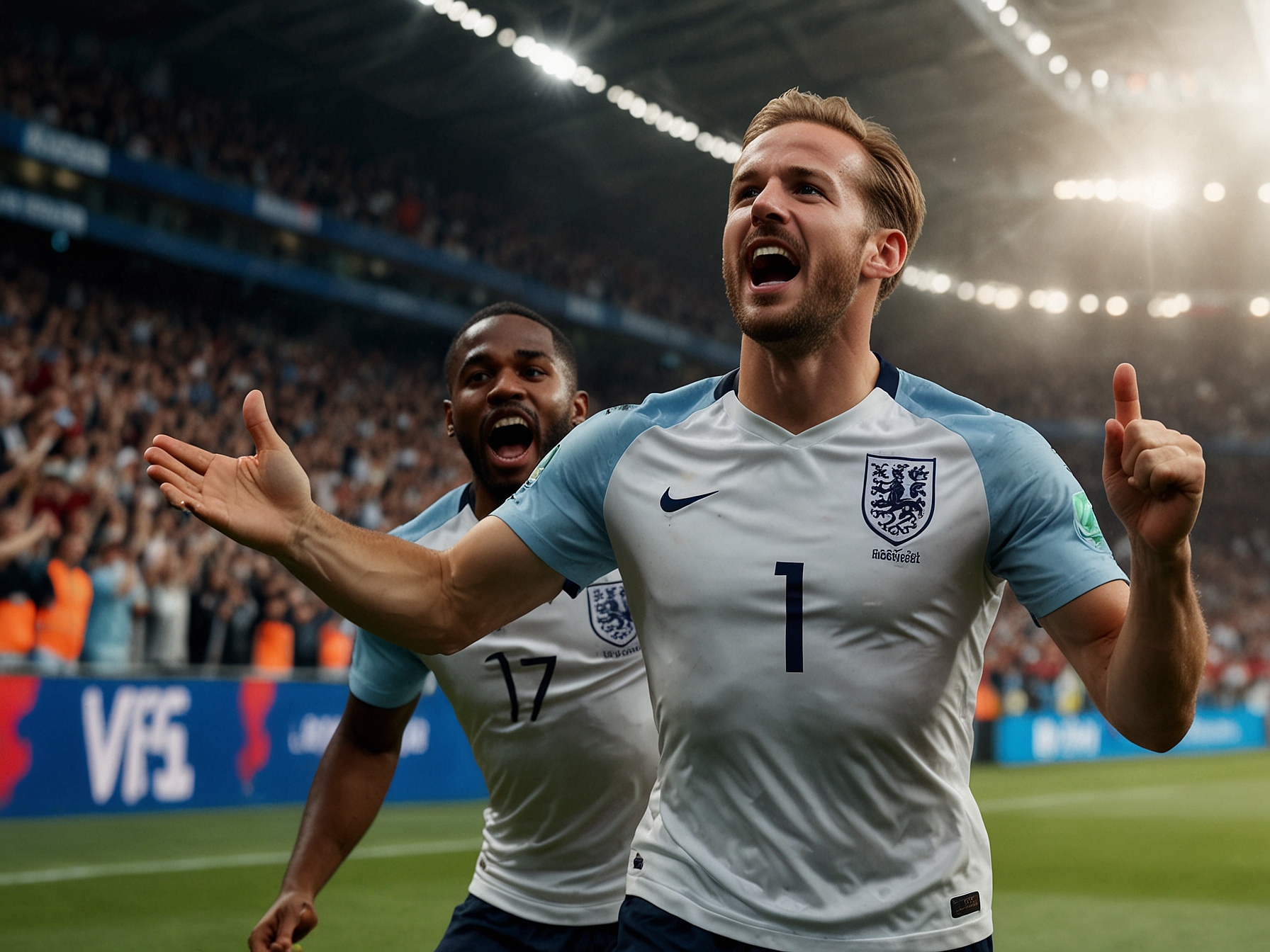 England's star players, Harry Kane and Raheem Sterling, celebrate a goal in front of cheering fans during Euro 2024, symbolizing their determination to secure a quarter-final spot.