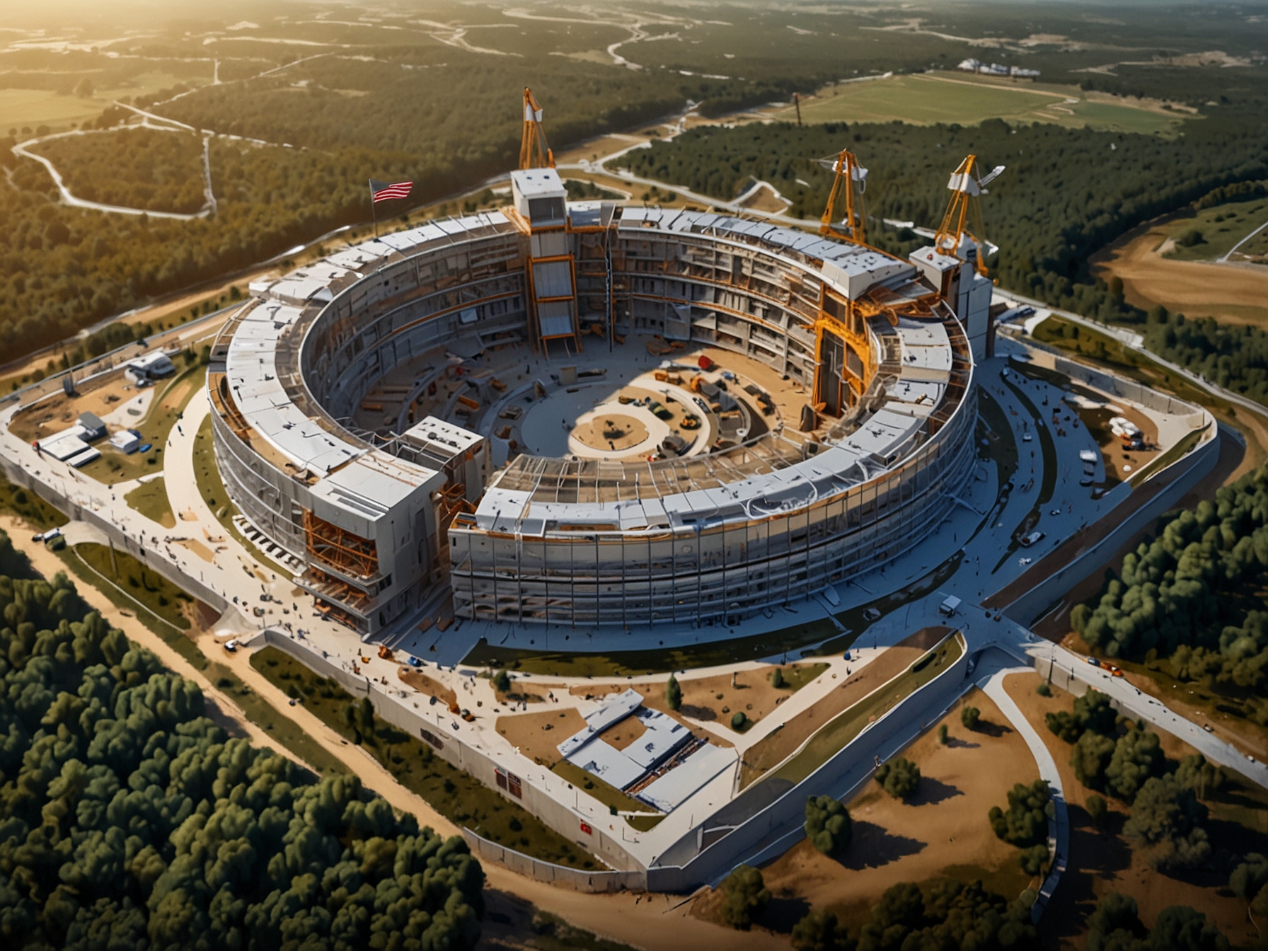 An aerial view of the ITER construction site in southern France, showcasing the immense scale of the project. The intricate network of structures highlights the collaborative effort from multiple countries.