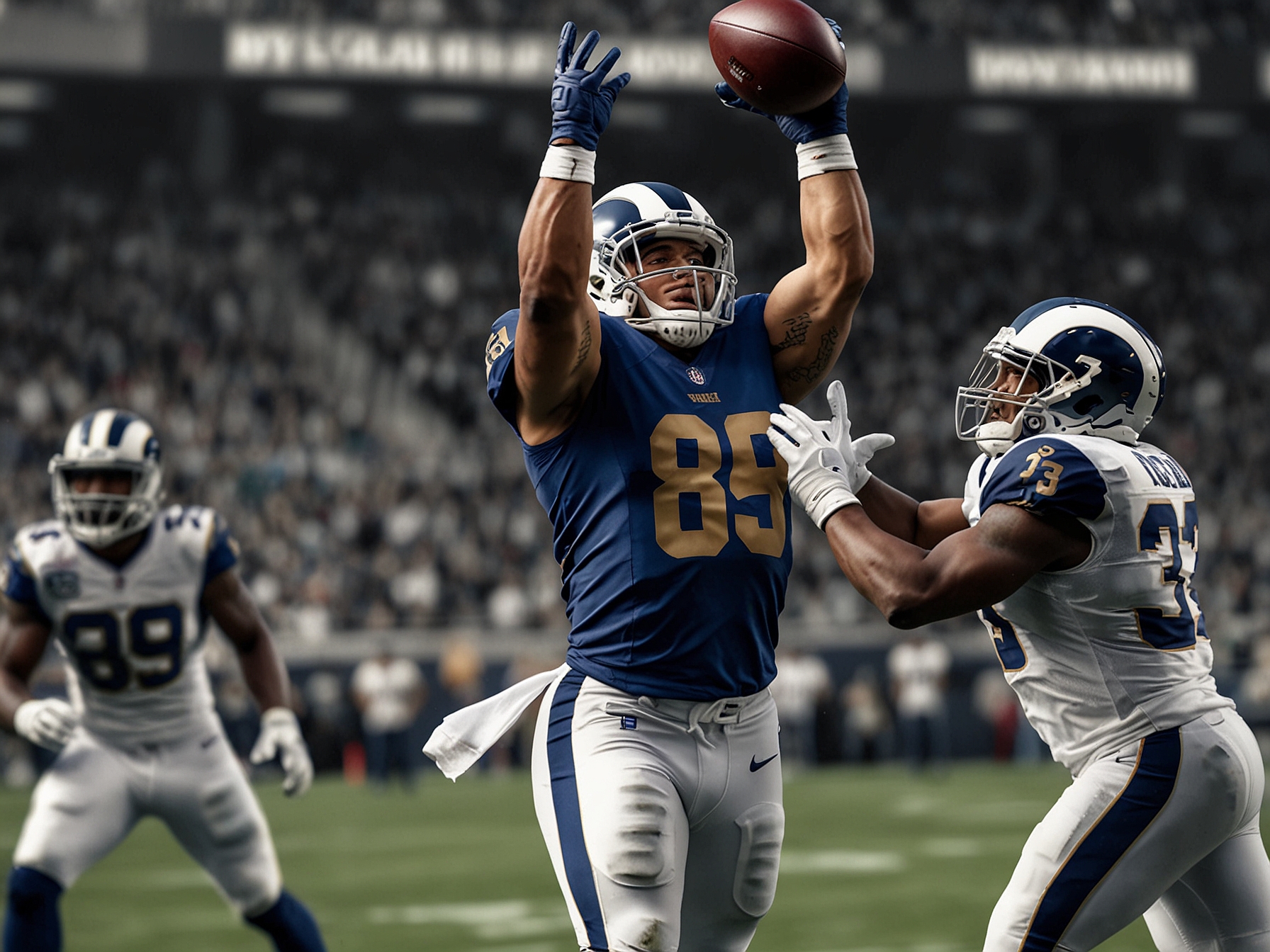 Puka Nacua making a spectacular catch under pressure, illustrating his impact on the Los Angeles Rams' offensive lineup and highlighting his key role in the team's improved performance.