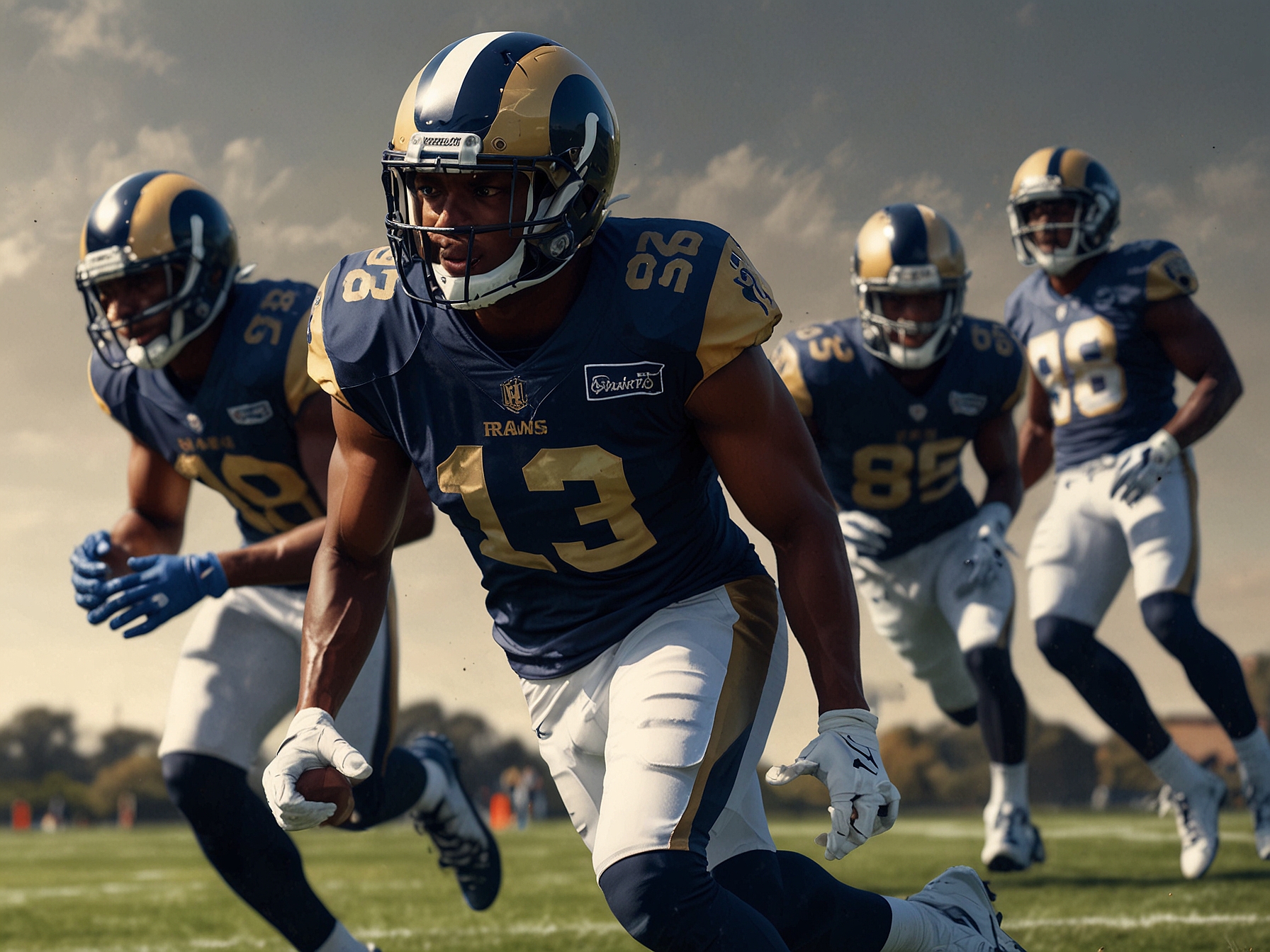 The Los Angeles Rams' wide receiving unit practicing with intense synergy during a training session, showcasing their elevated skills and preparing for the challenges of the upcoming NFL season.