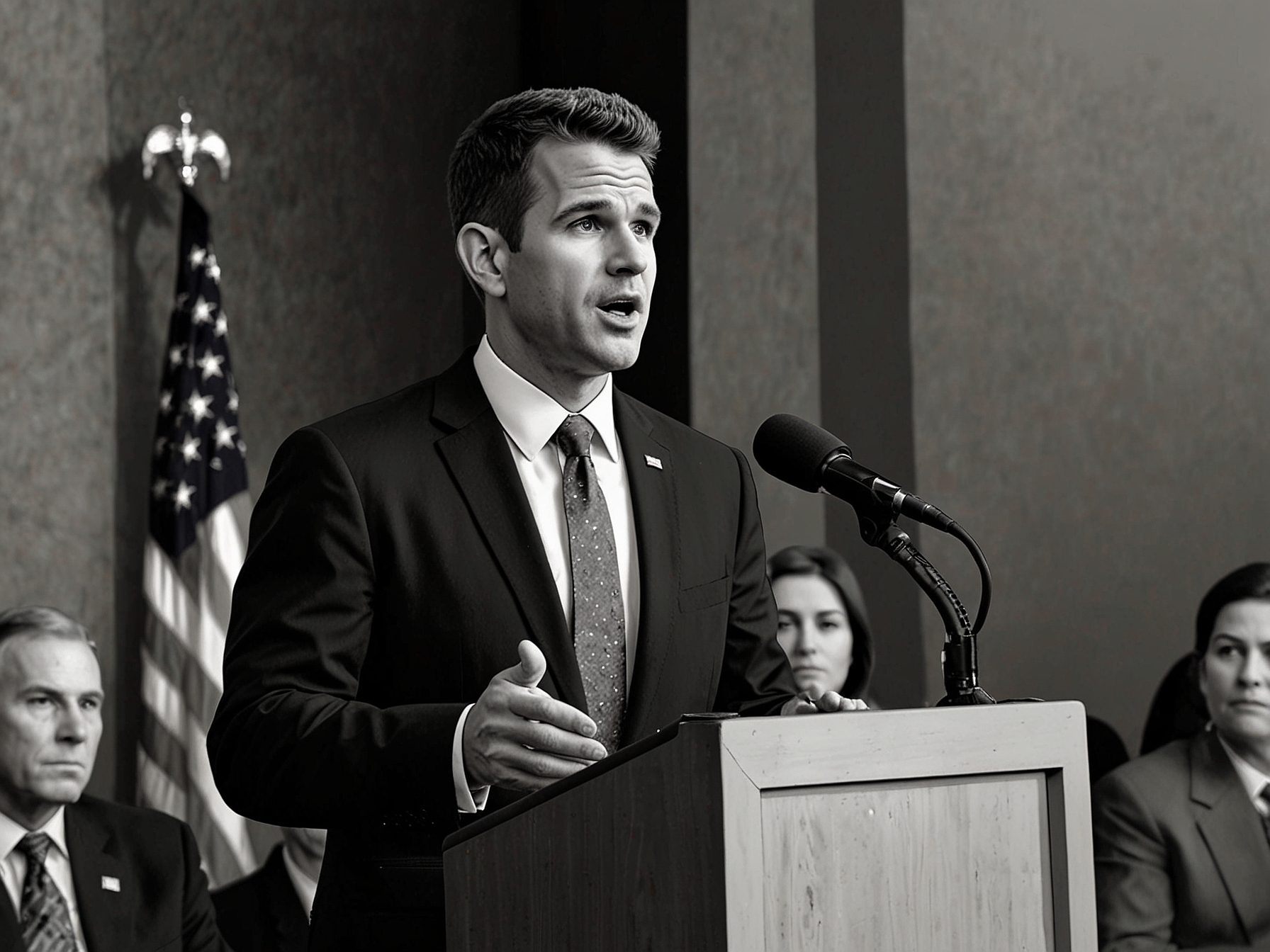 Image of Adam Kinzinger, former Republican Congressman, speaking at a conference. His endorsement of President Joe Biden signifies a notable shift in political alliances and growing discontent with Donald Trump.