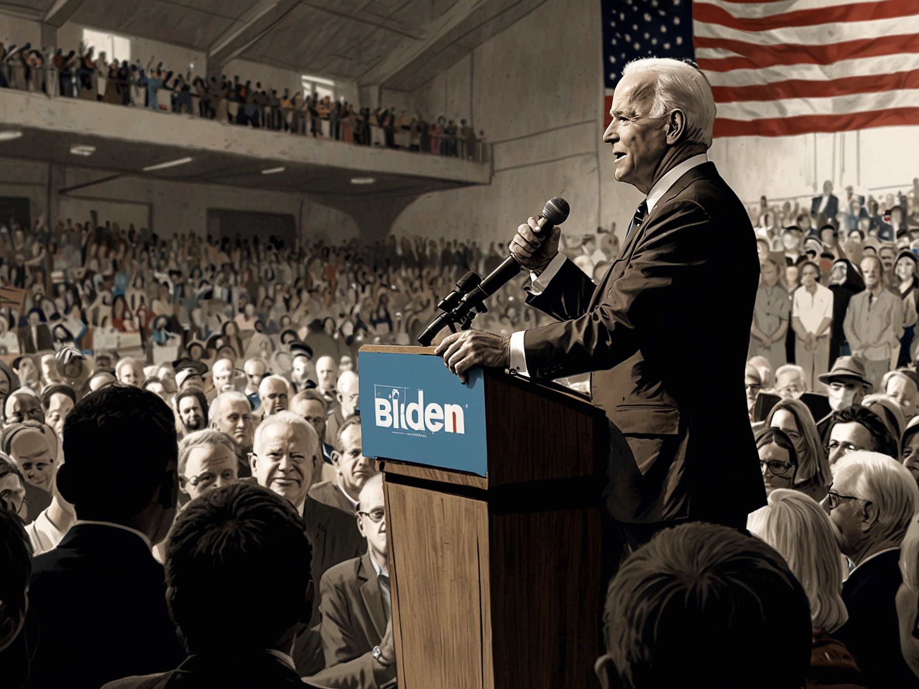 President Joe Biden addressing a crowd at a campaign event, expressing gratitude for Kinzinger's support. The endorsement highlights Biden’s effort to appeal to moderate Republicans and independents.