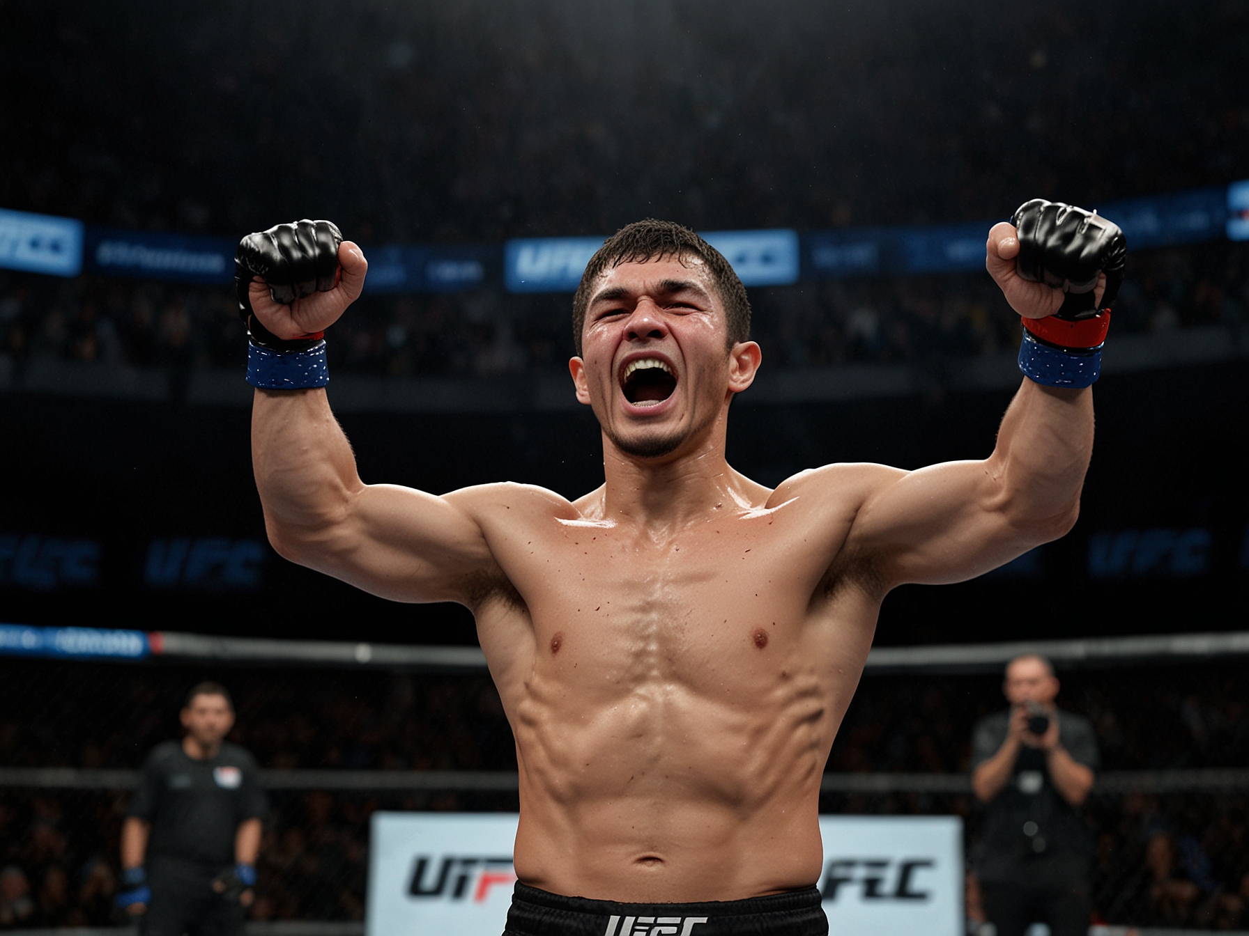 Sharaputdin Magomedov celebrating his victory in the octagon, embodying his impeccable skill and tactical acumen that have earned him back-to-back UFC wins.