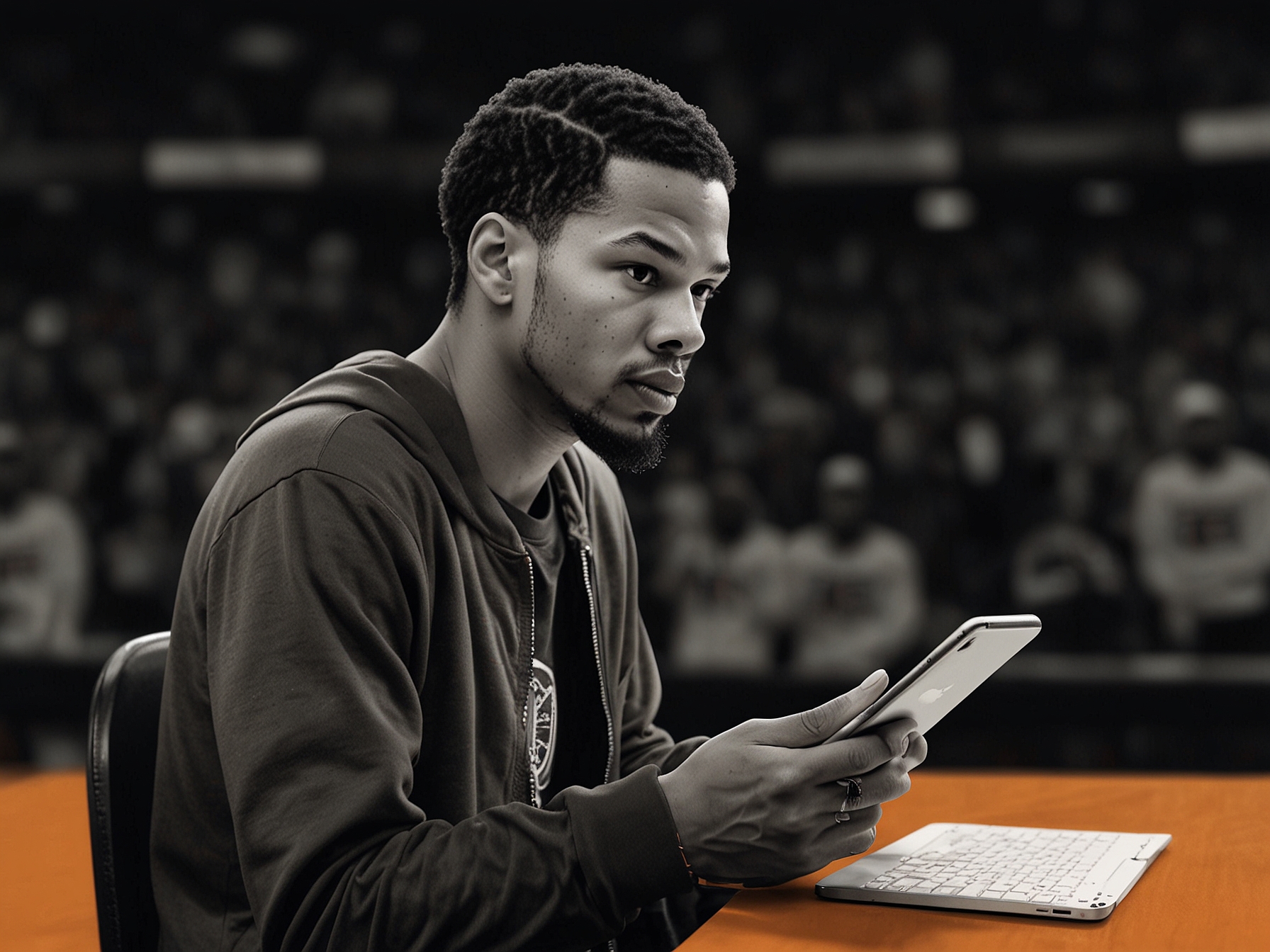 Mat Ishbia confidently typing on his phone, about to tweet his statement denying the Kevin Durant trade rumors, with a backdrop of the Phoenix Suns logo.