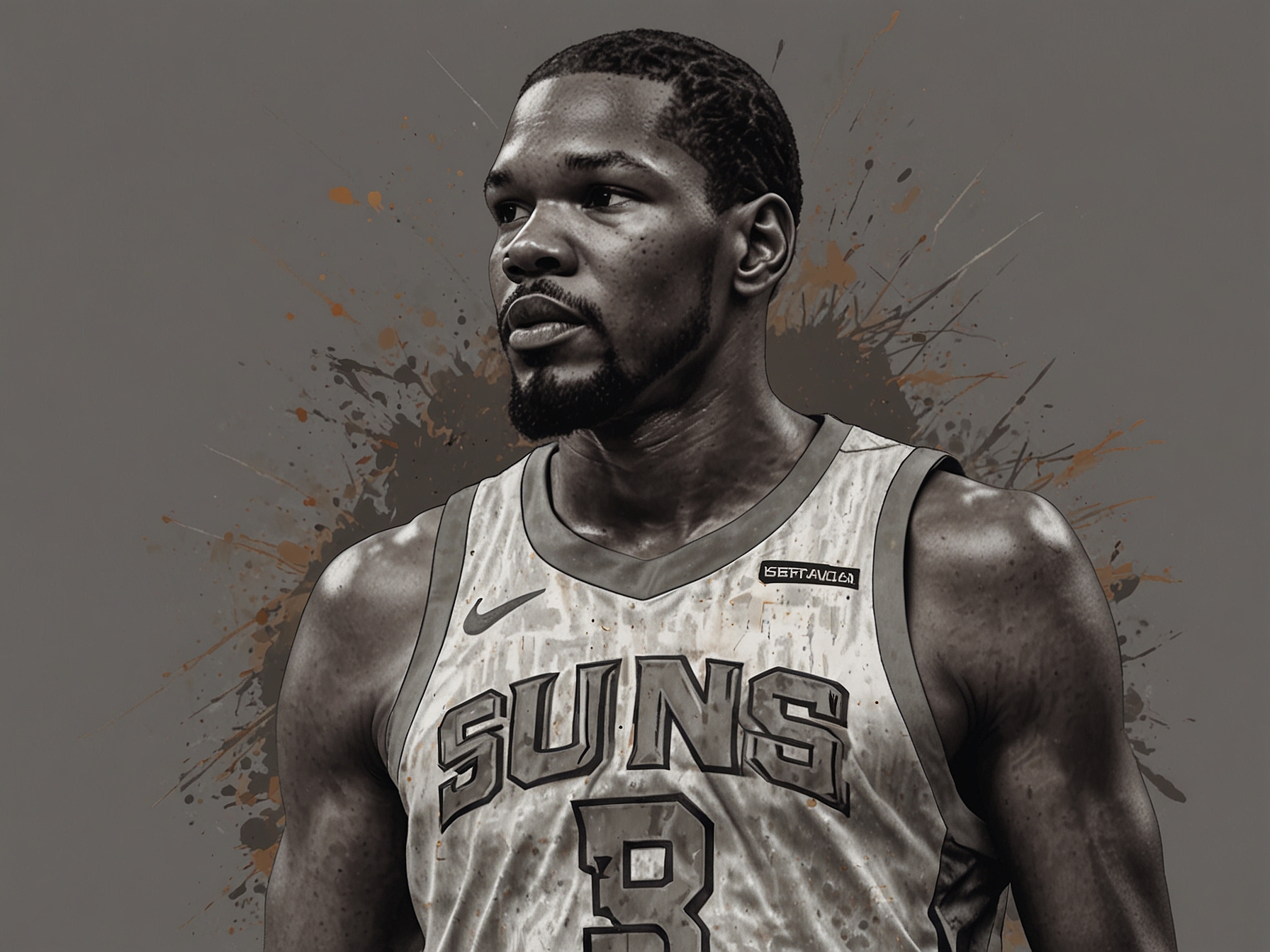 Kevin Durant in a Phoenix Suns jersey, making a powerful move on the court, symbolizing his integral role and the team's commitment to him for upcoming seasons.