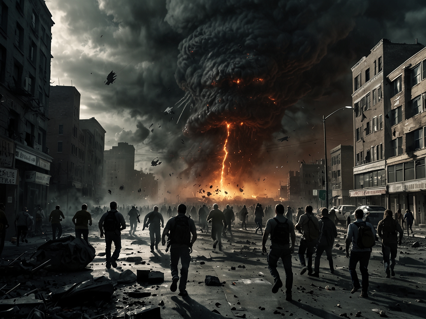 A tension-filled scene showing the initial alien invasion, with panicked humans running for cover amidst chaos in a crumbling cityscape, highlights the visceral horror and immediate threat.