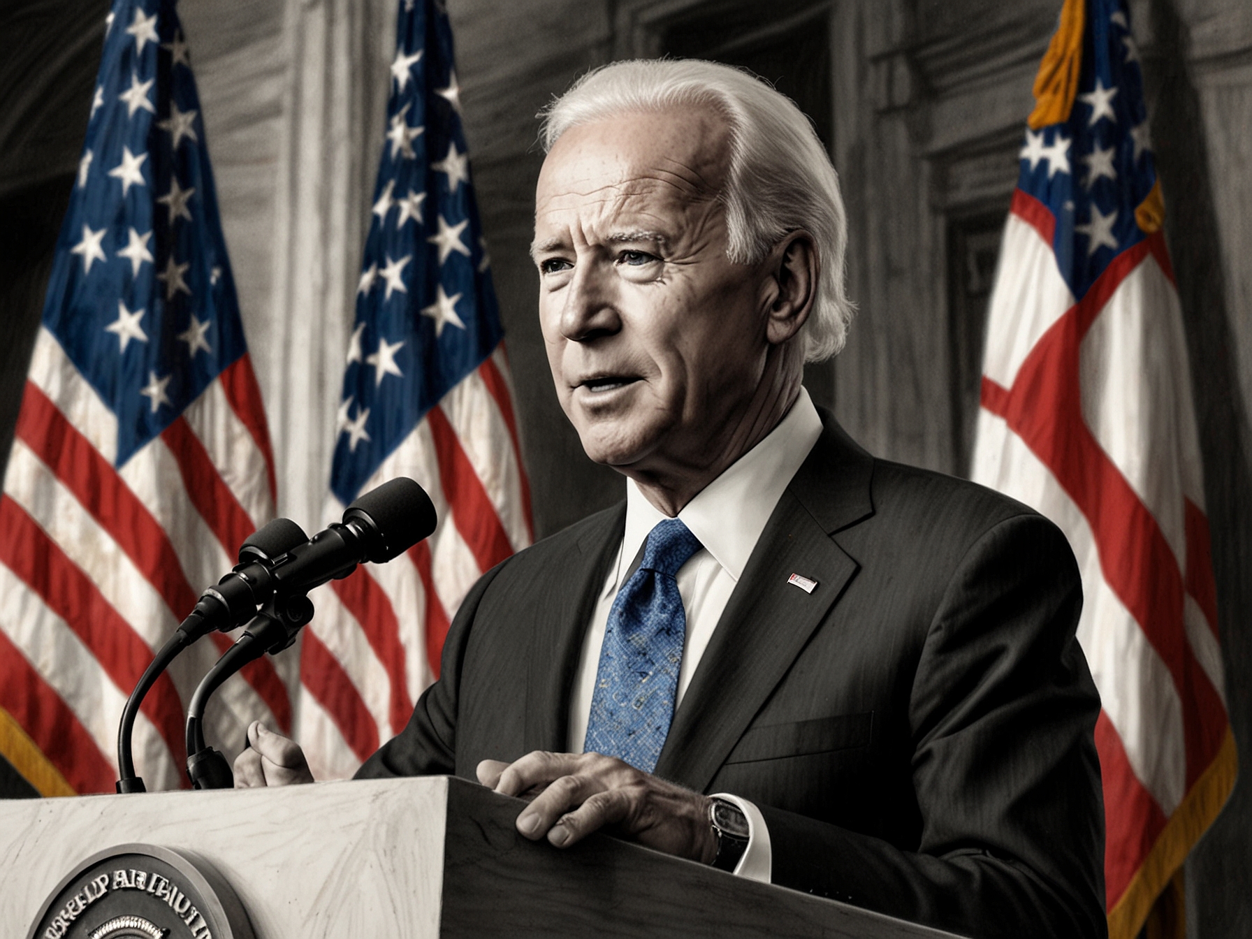 An illustration of President Joe Biden speaking at a podium, emphasizing his administration's focus on renewable energy investments, expanded social safety nets, and healthcare reforms.