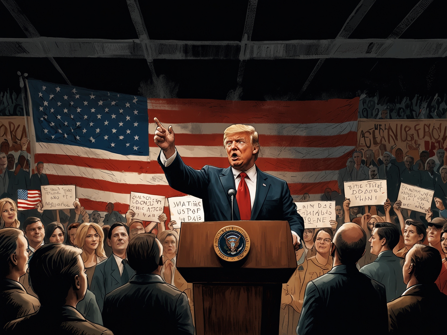 An illustration of former President Donald Trump addressing a rally, highlighting his support for deregulation, tax cuts, strict immigration policies, and skepticism towards climate change initiatives.
