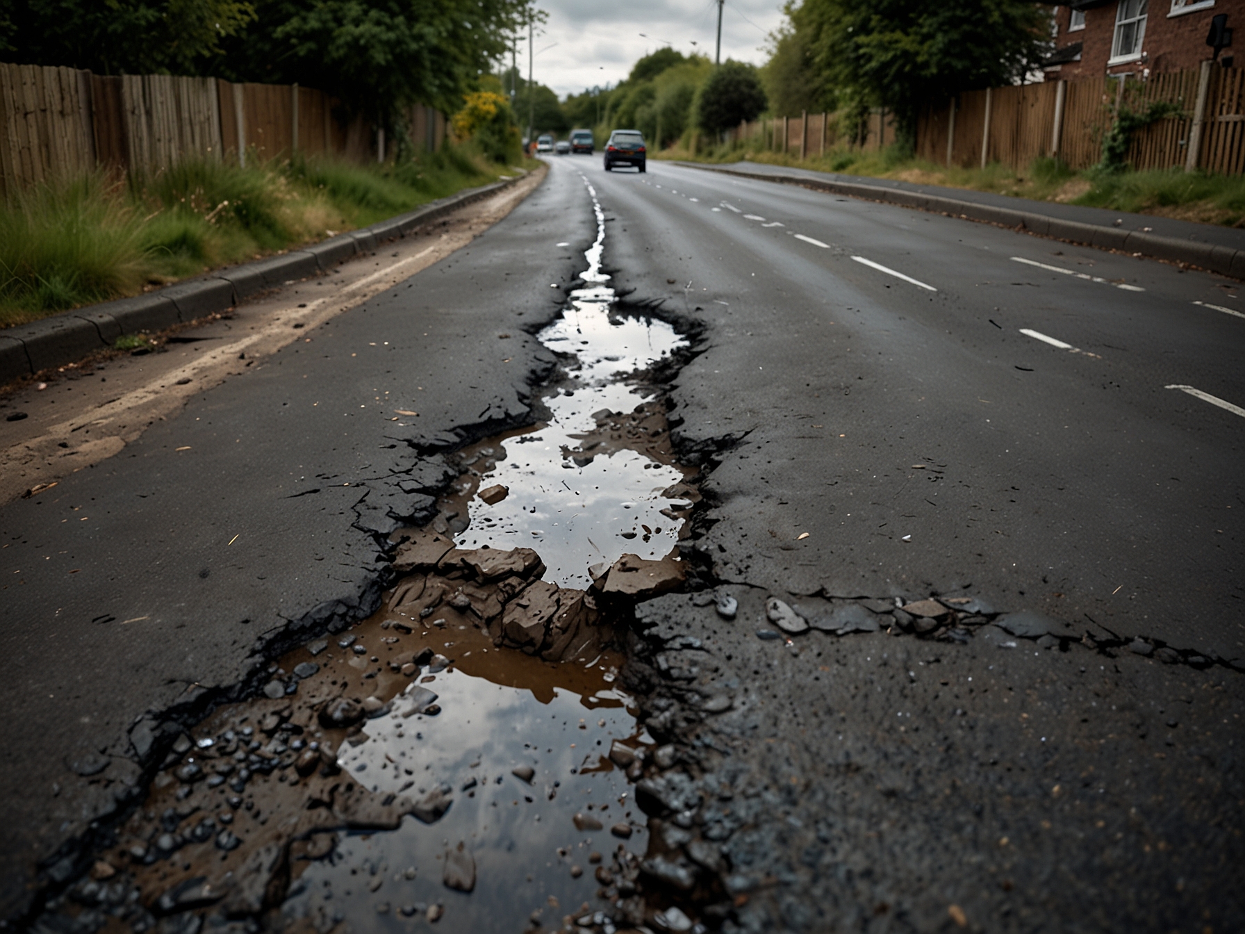 A pothole-riddled road in the UK captures the public's frustration with neglected infrastructure, reflecting underinvestment and rising repair costs for vehicles.
