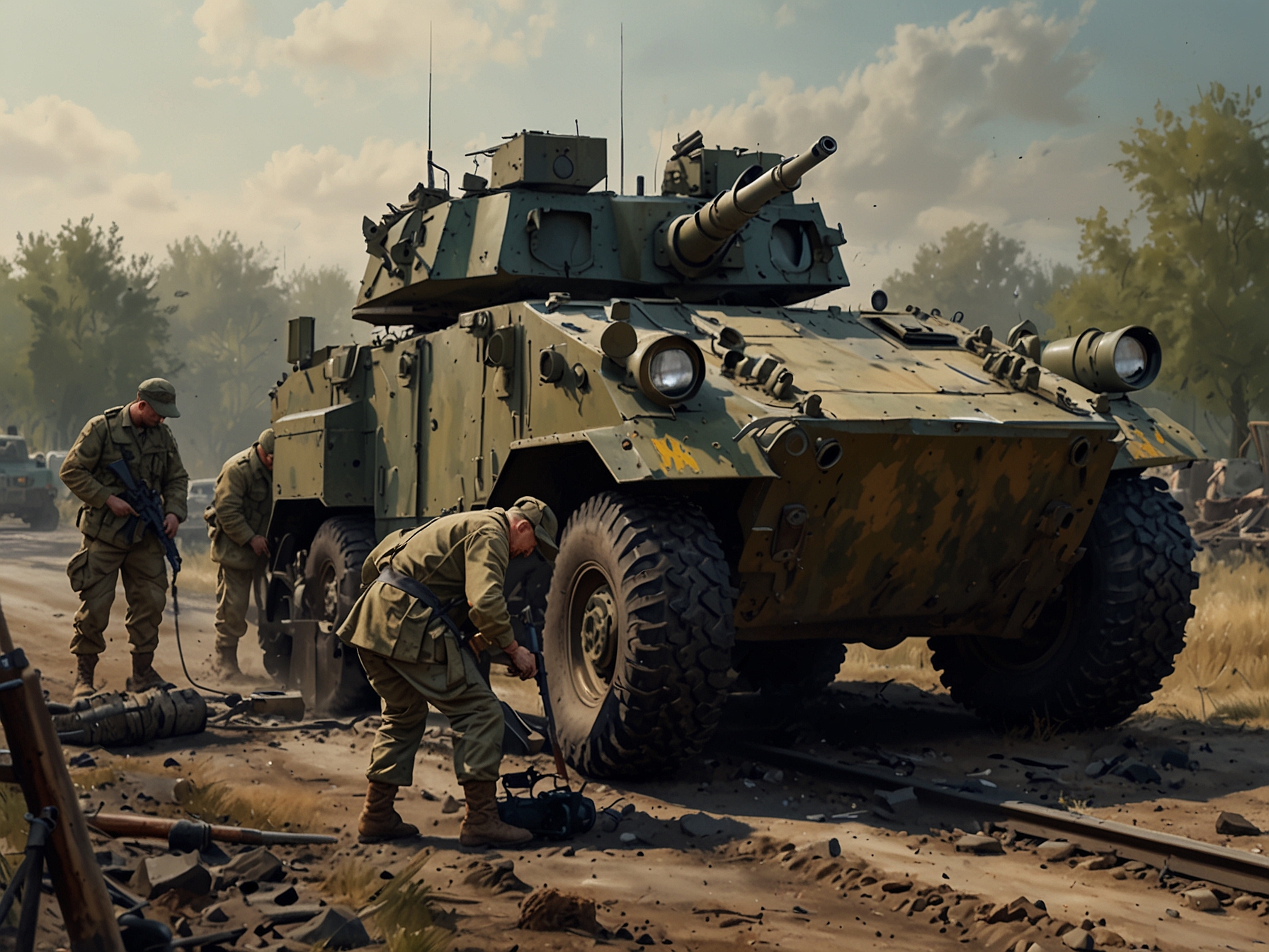 Ukrainian mechanics work tirelessly to repair a line of damaged armoured vehicles, showcasing the intensive maintenance needed to keep them operational during warfare.