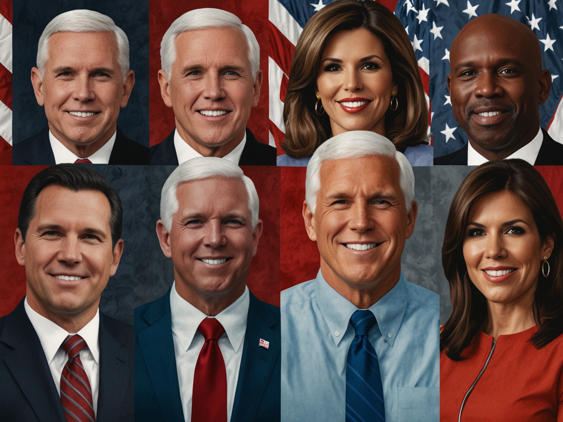 A collage of potential VP candidates including Mike Pence, Ron DeSantis, Kristi Noem, and Tim Scott, each prominently showcasing their distinct public personas and political backgrounds.