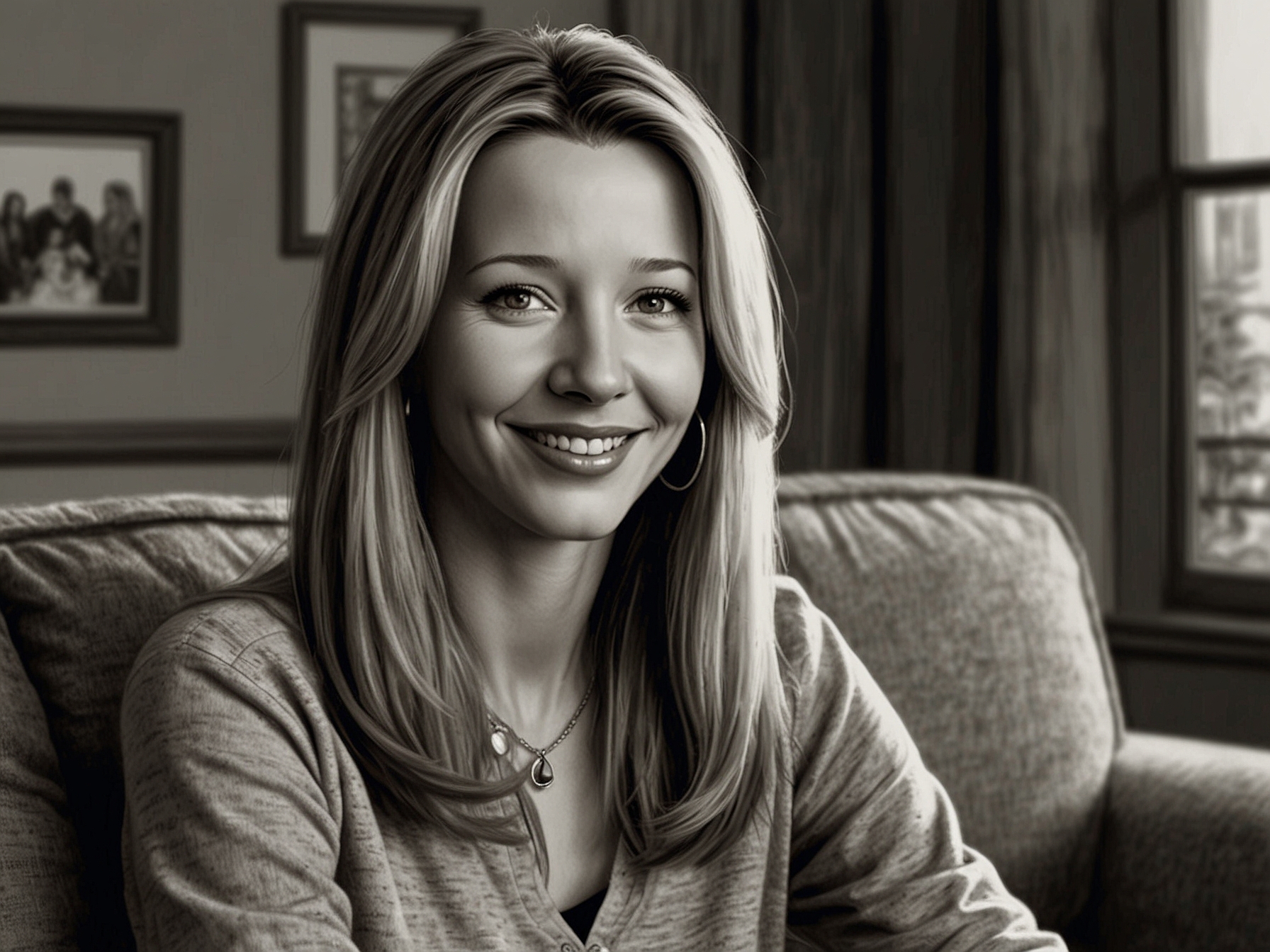 Lisa Kudrow, smiling, watches television with an emotional expression, representing her heartfelt decision to rewatch 'Friends' in honor of Matthew Perry.