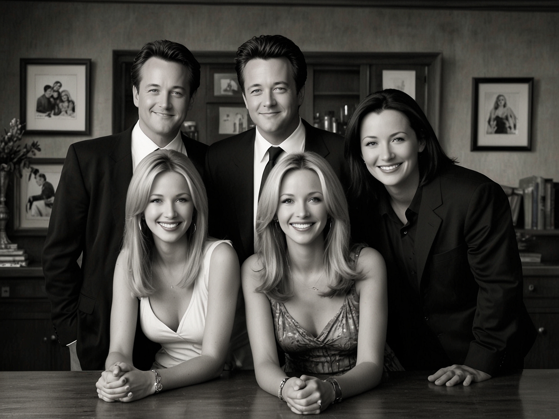 A classic 'Friends' cast photo with Matthew Perry and Lisa Kudrow front and center, highlighting the strong bond and memories they share on and off the screen.