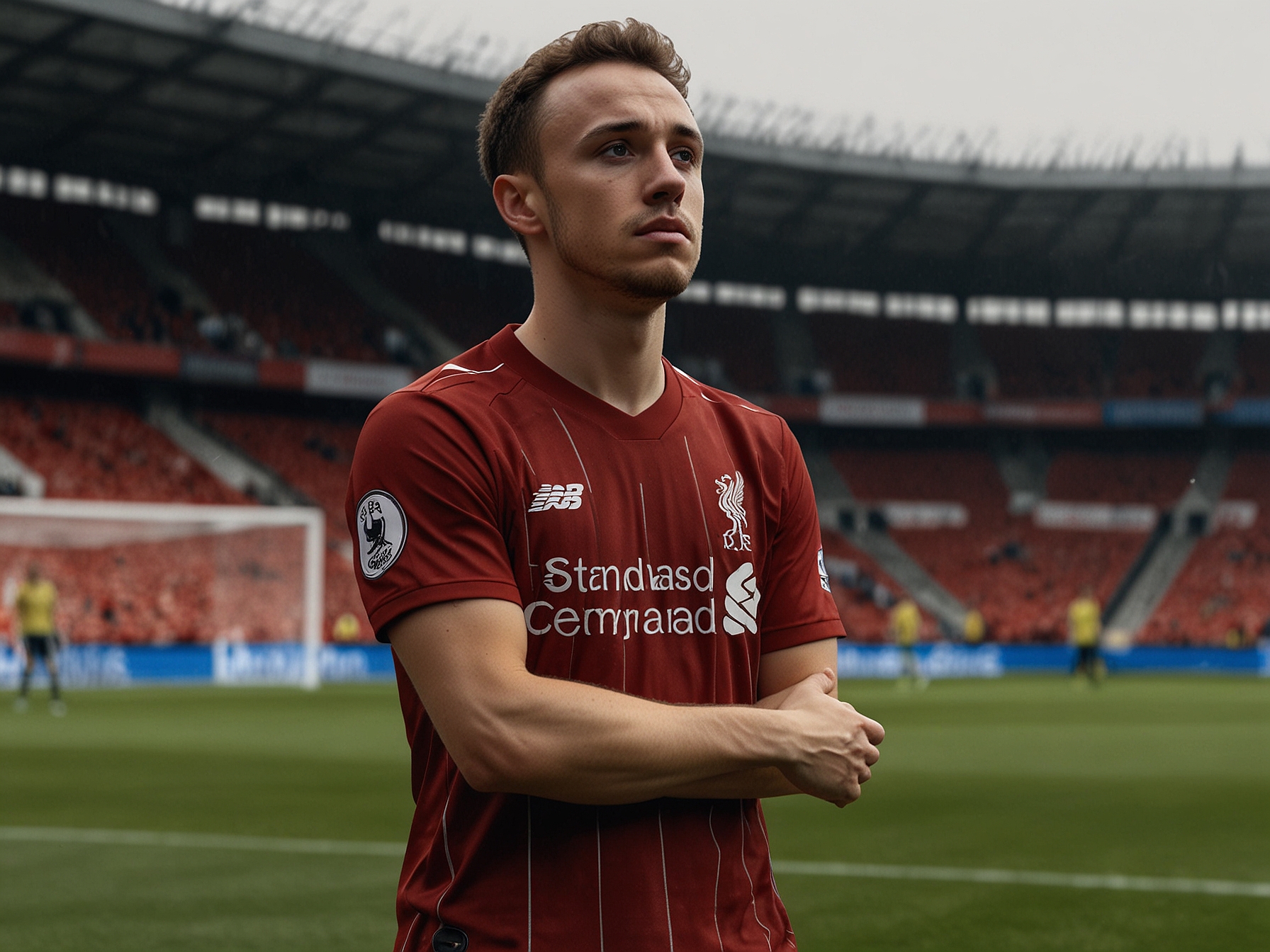 Diogo Jota in a Liverpool jersey, looking dejected on the sidelines, representing his struggle with injuries and time away from the pitch.