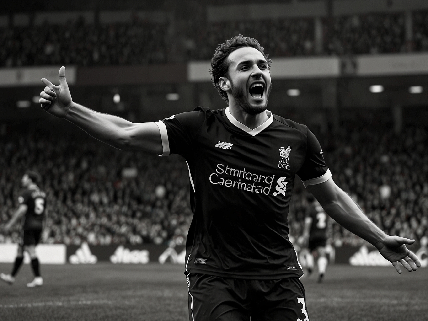 Jota celebrating a goal during his debut season at Liverpool, illustrating his potential impact when fit and his crucial role in the team's attacking force.