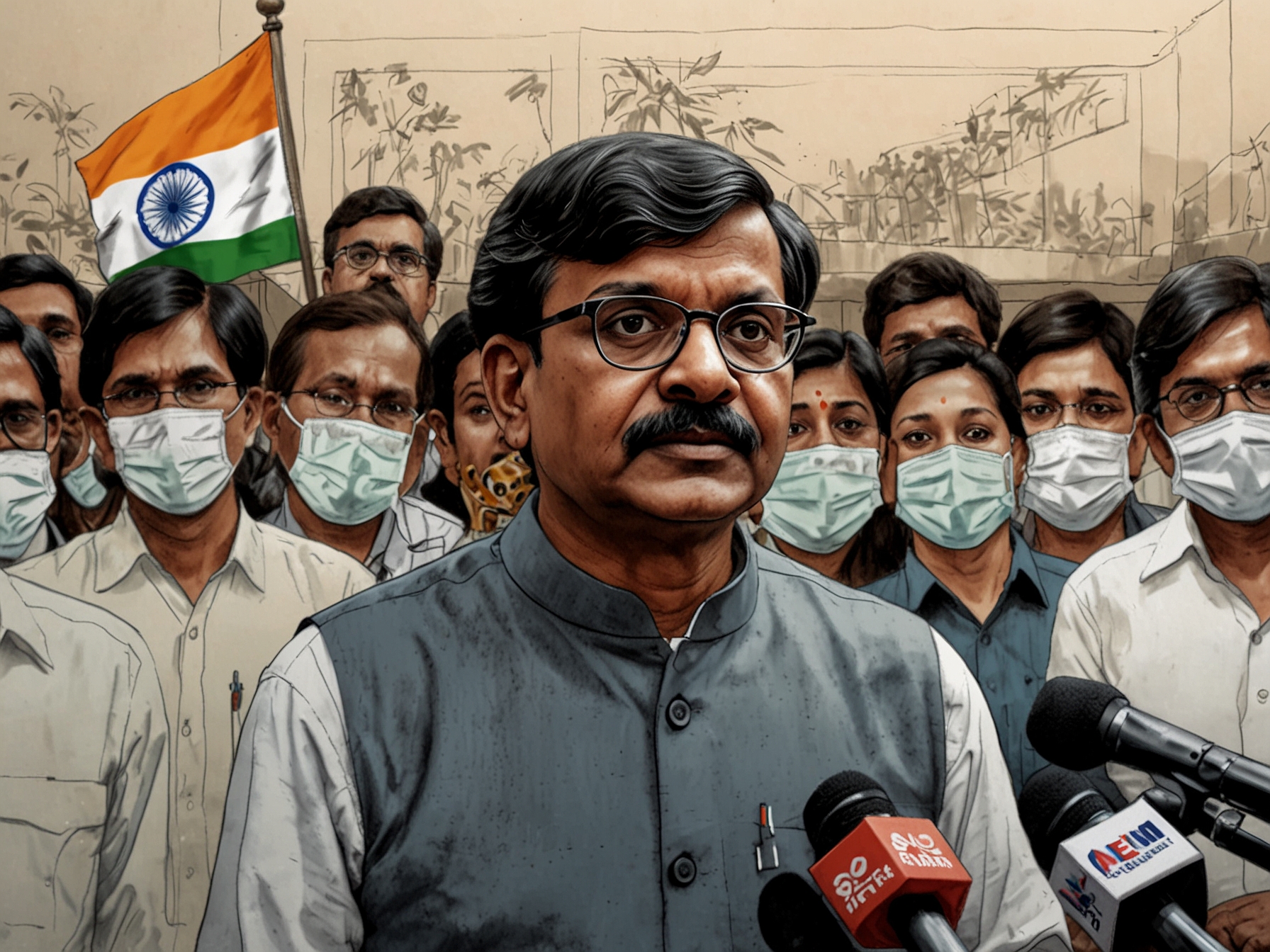 An illustration of Sanjay Raut speaking at a press conference, highlighting his claims of an 'emergency-like situation' in India over the past decade, with reporters and cameras focused on him.