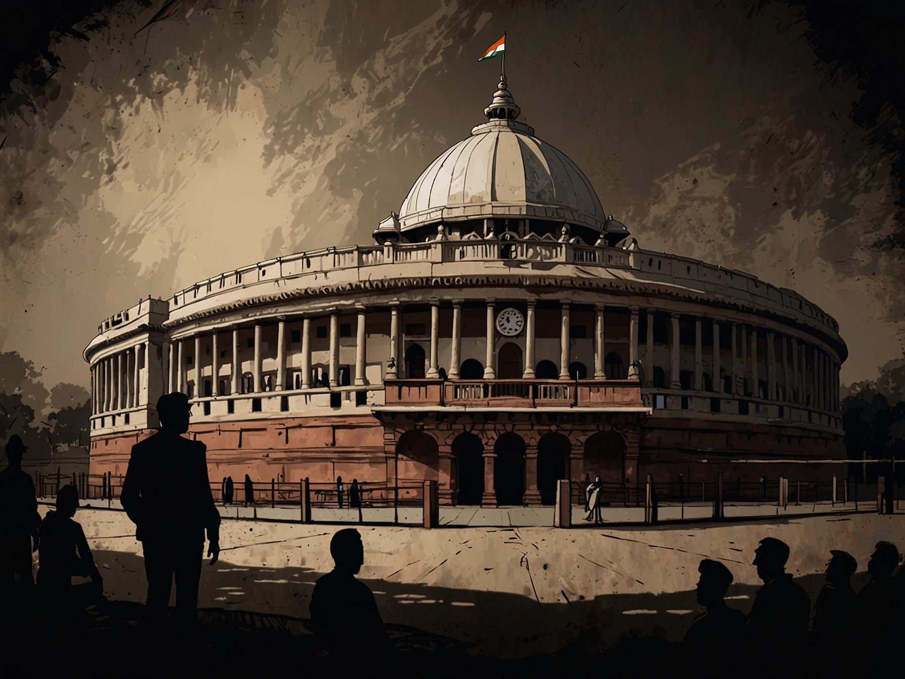 A depiction of the Indian Parliament with a shadow of Prime Minister Narendra Modi looming large, symbolizing the centralization of power and the erosion of democratic institutions as described by Raut.