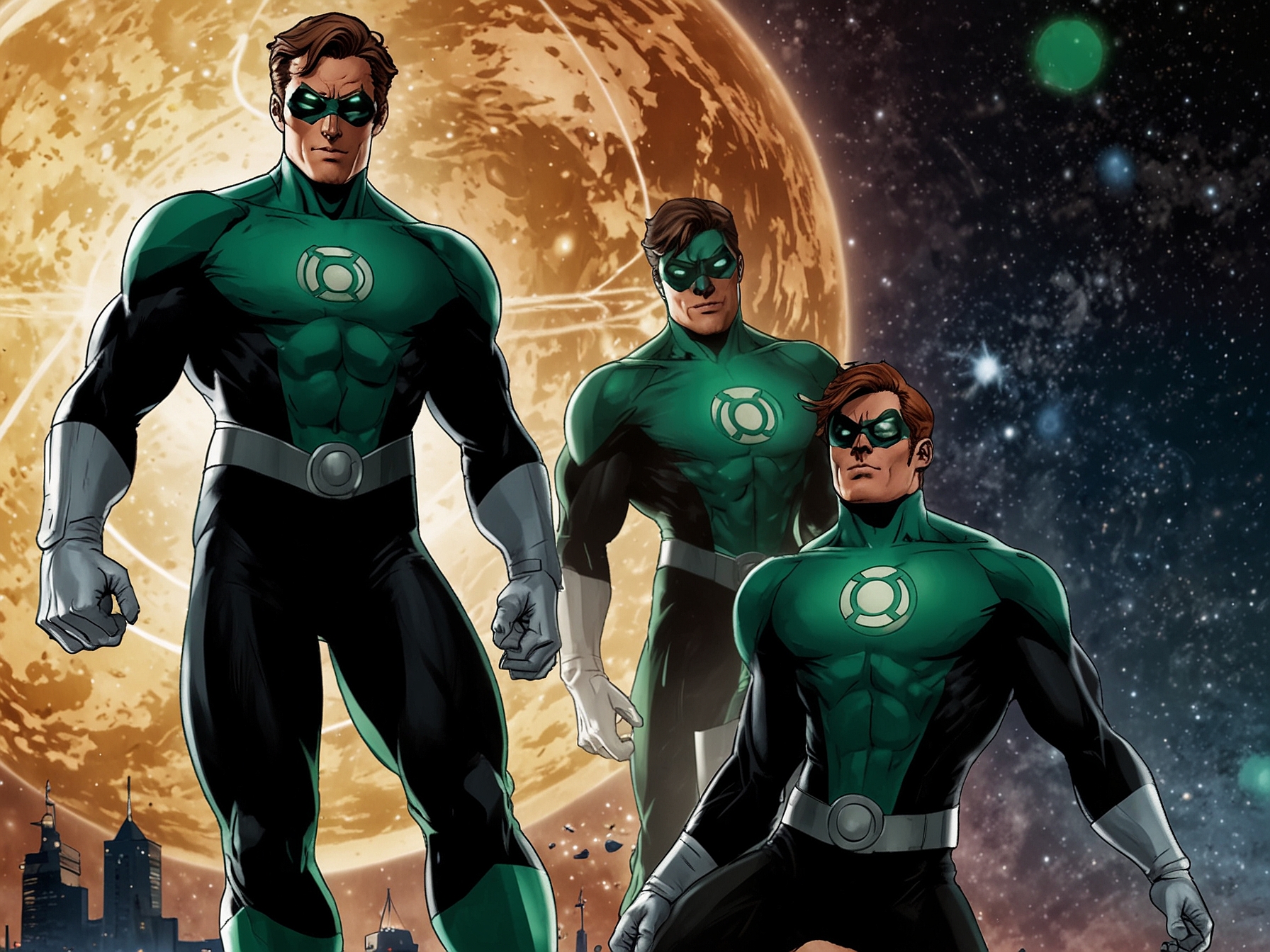 An illustration of the Green Lantern Corps members, showcasing their iconic power rings against a backdrop of outer space, capturing the essence of the intergalactic police force.