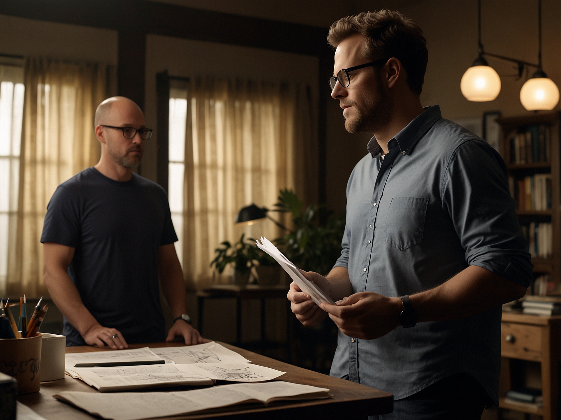 A behind-the-scenes shot of showrunners Damon Lindelof and Chris Mundy discussing a scene, emphasizing the collaborative effort and creative direction of HBO's 'Lanterns' series.