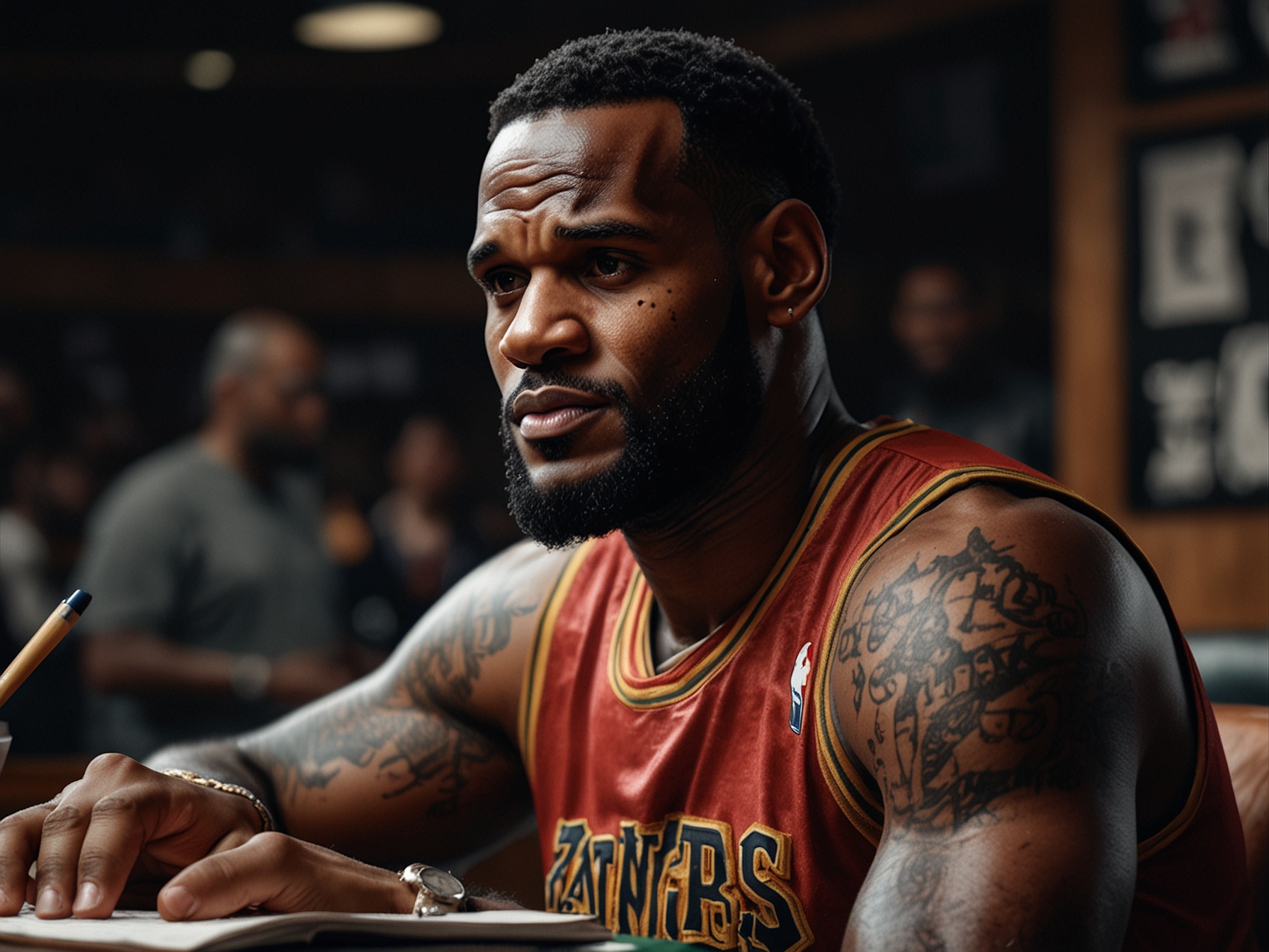 LeBron James recording an episode of 'The King’s Court' podcast, deeply immersed in conversation, showcasing his engagement with sports, culture, and personal growth topics.