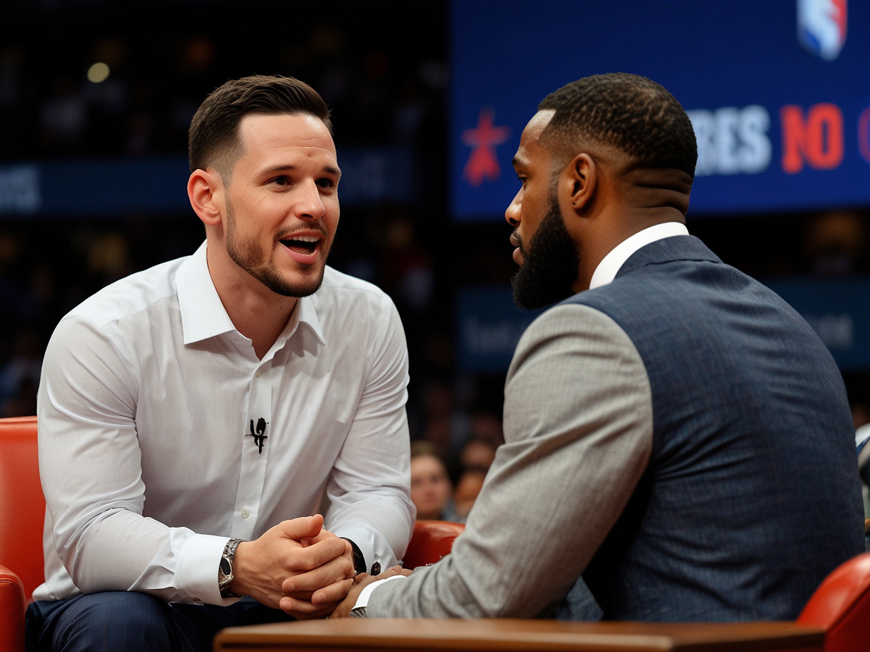 JJ Redick speaking on a sports talk show, sharing the news about LeBron James ending his podcast, highlighting the commitment athletes have to balance on-court and off-court responsibilities.