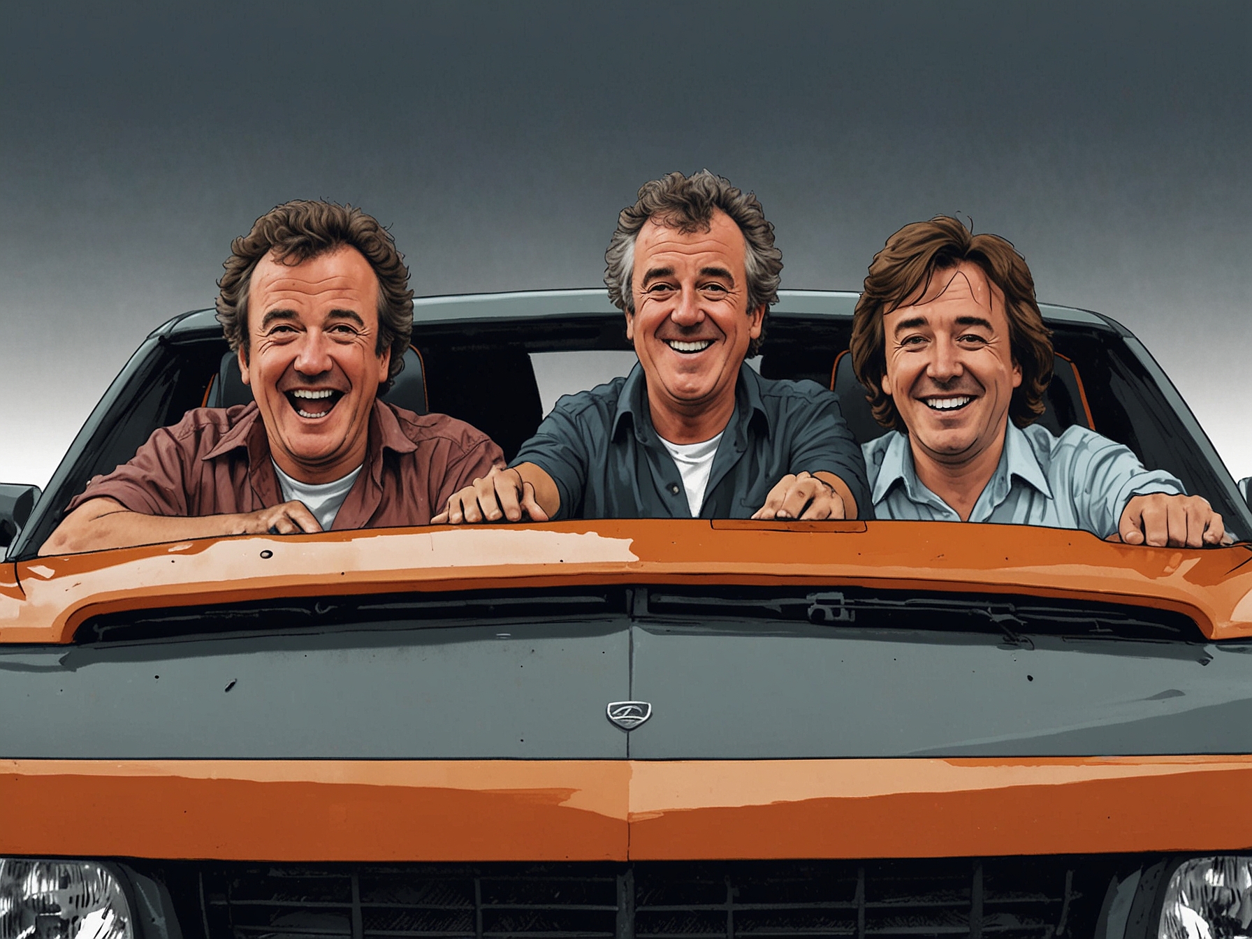 Jeremy Clarkson, Richard Hammond, and James May are seen laughing and discussing beside a high-performance car during one of their thrilling adventures on The Grand Tour.