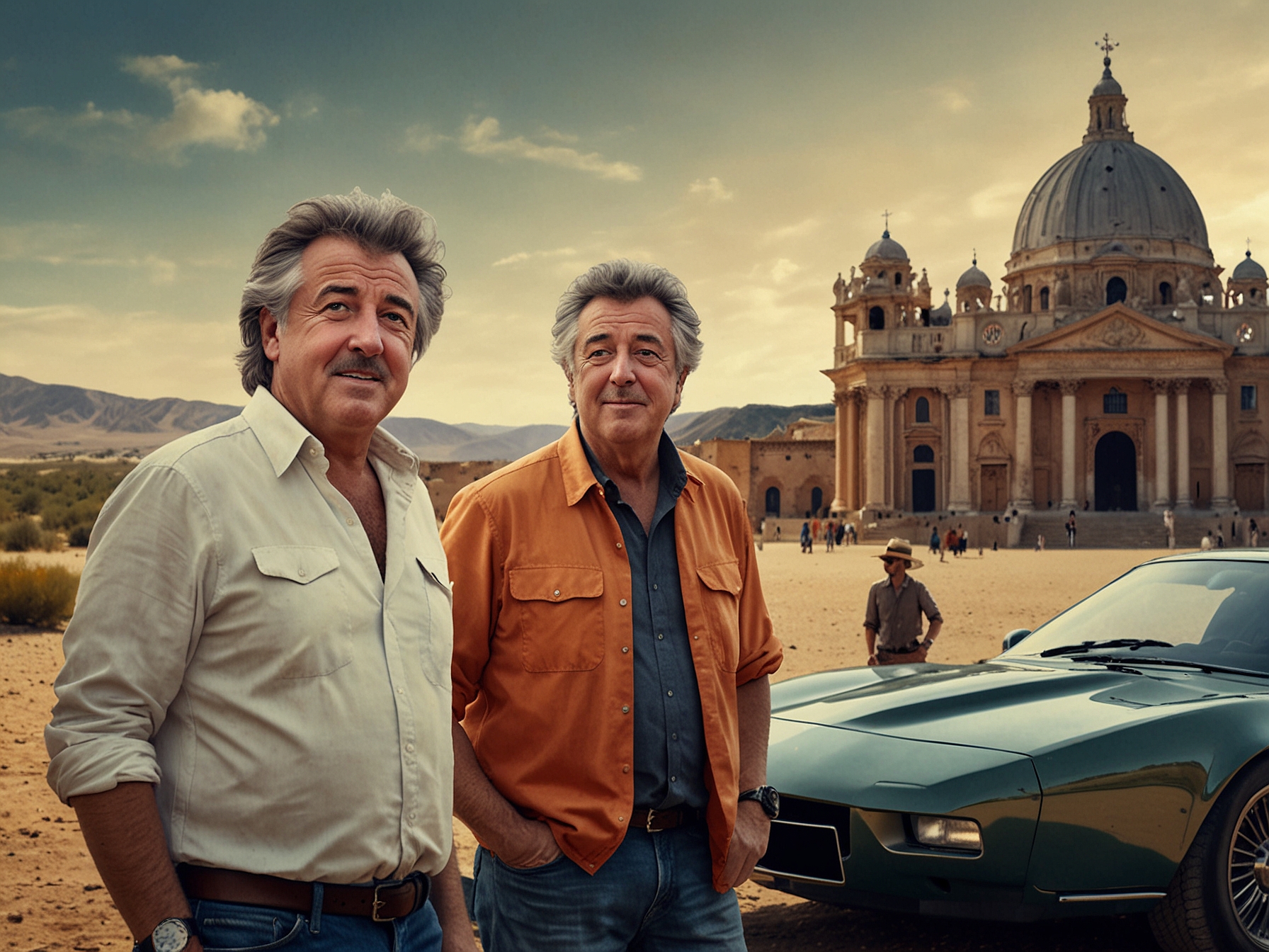 A behind-the-scenes photo of The Grand Tour, featuring the iconic trio in an exotic location, preparing for another of their exhilarating and humorous escapades.