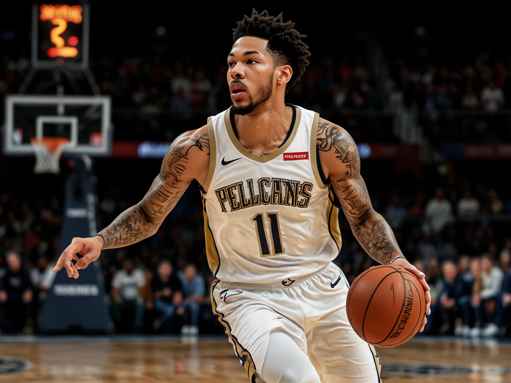 Brandon Ingram, wearing a New Orleans Pelicans jersey, confidently driving towards the basket, highlighting his offensive prowess and importance to the team's strategy.