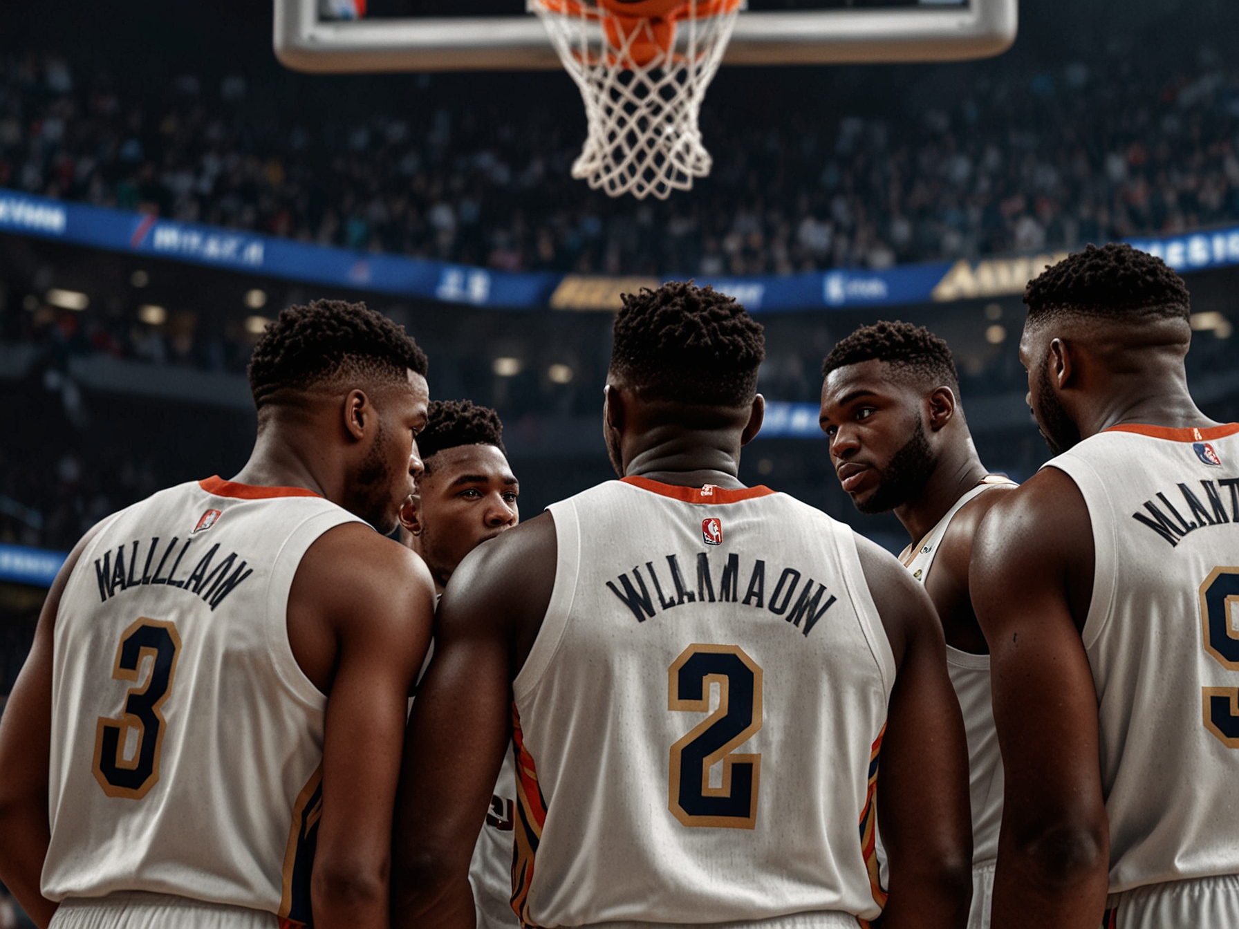 Pelicans' team huddle during a game, showcasing both veteran and young players like Zion Williamson, symbolizing the team's focus on building a cohesive, future-ready unit.
