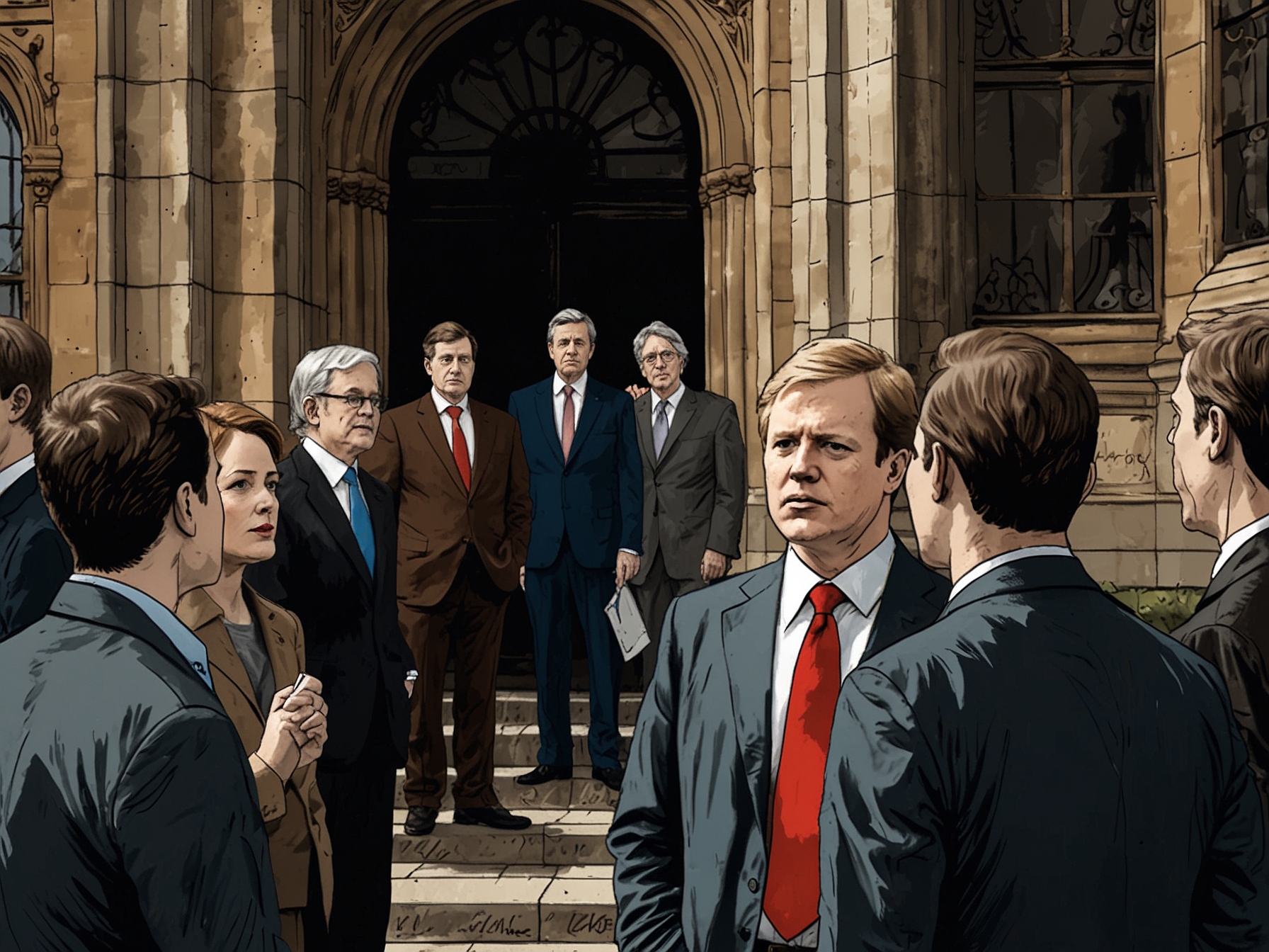 A depiction of Conservative party members outside Parliament, illustrating the tension and media frenzy amid the allegations of election betting and unauthorized information disclosure.