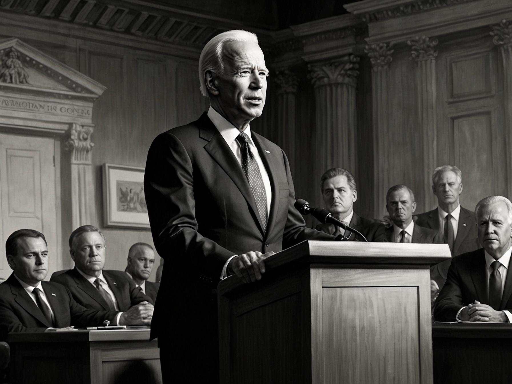 President Joe Biden stands at a podium during a debate preparation session, surrounded by advisers, preparing to adopt an assertive strategy against former President Donald Trump.