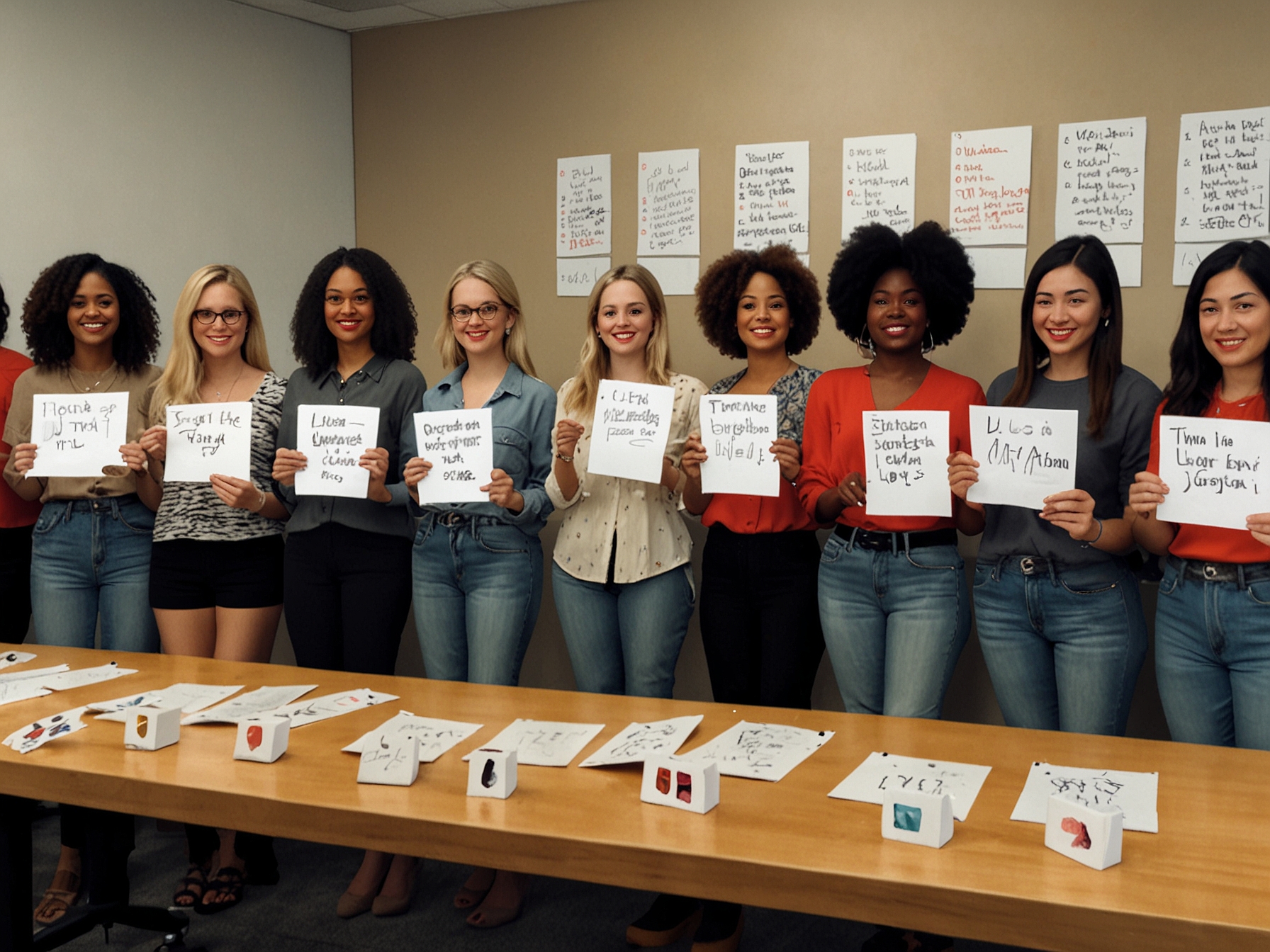 Women participating in a 'Label Liberation' workshop hosted by TJ Maxx. They write down labels they have been assigned on cards, later replacing them with empowering affirmations, visually representing the dismantling of societal constraints.