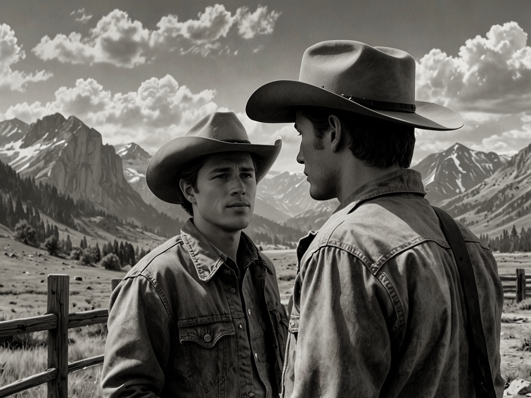 A screenshot of Brokeback Mountain featuring Ennis Del Mar and Jack Twist against a scenic mountain backdrop, representing the film’s poignant and emotional atmosphere.