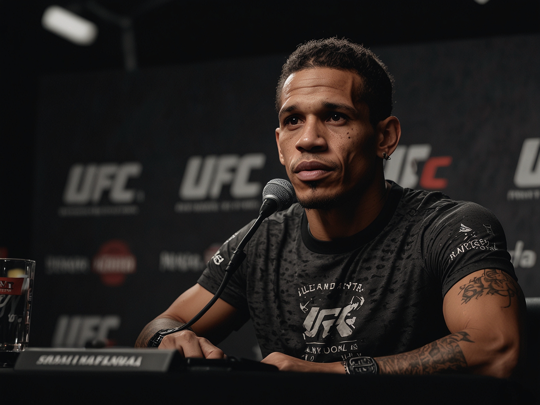 Charles Oliveira speaking in a press conference, addressing the media with a serious expression, clarifying the widespread speculative fight rumors about his future UFC matchups.