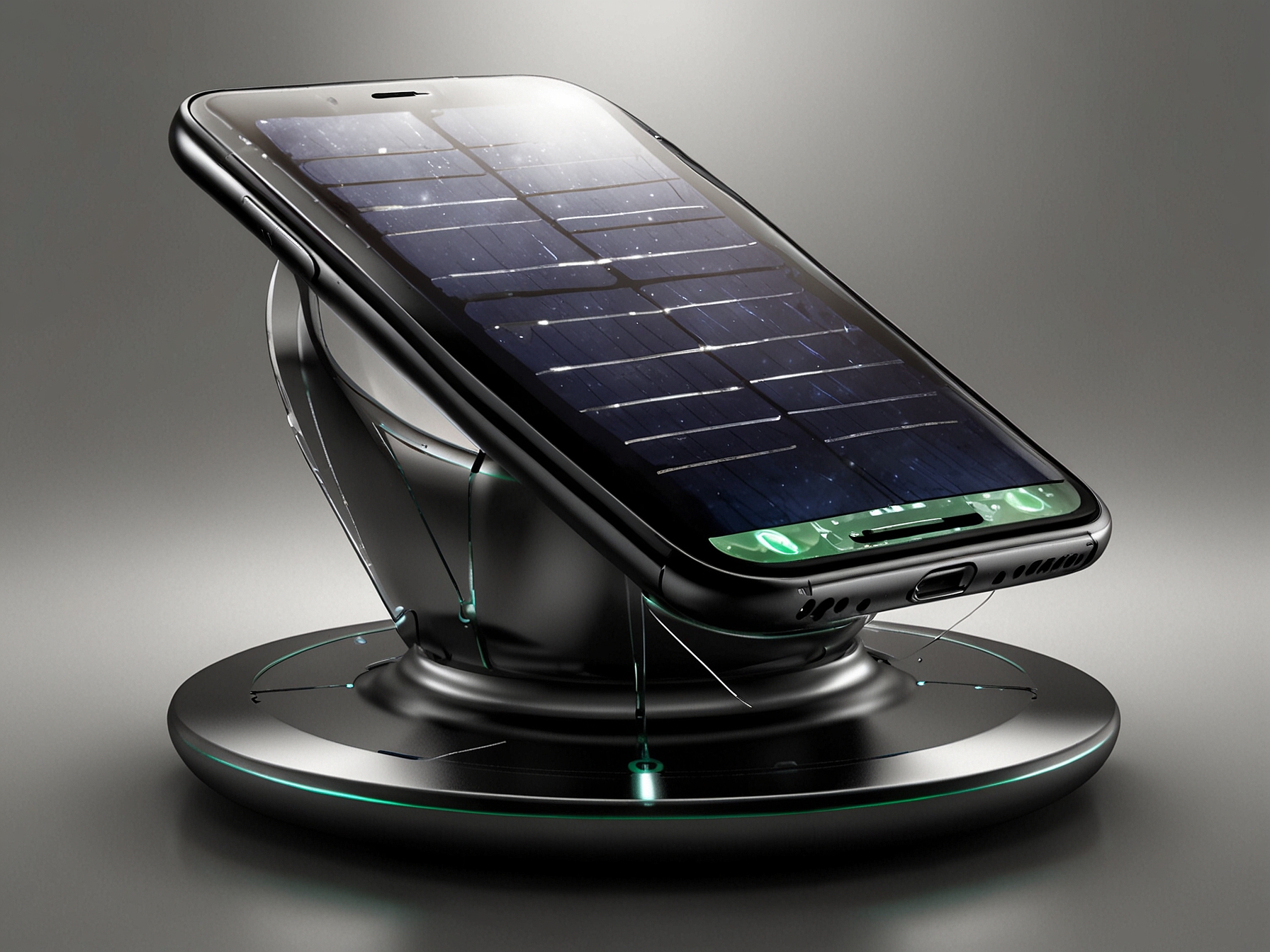 Concept design of a futuristic iPhone with integrated solar panels and wireless charging capabilities, emphasizing Apple's push towards renewable energy and sustainability.
