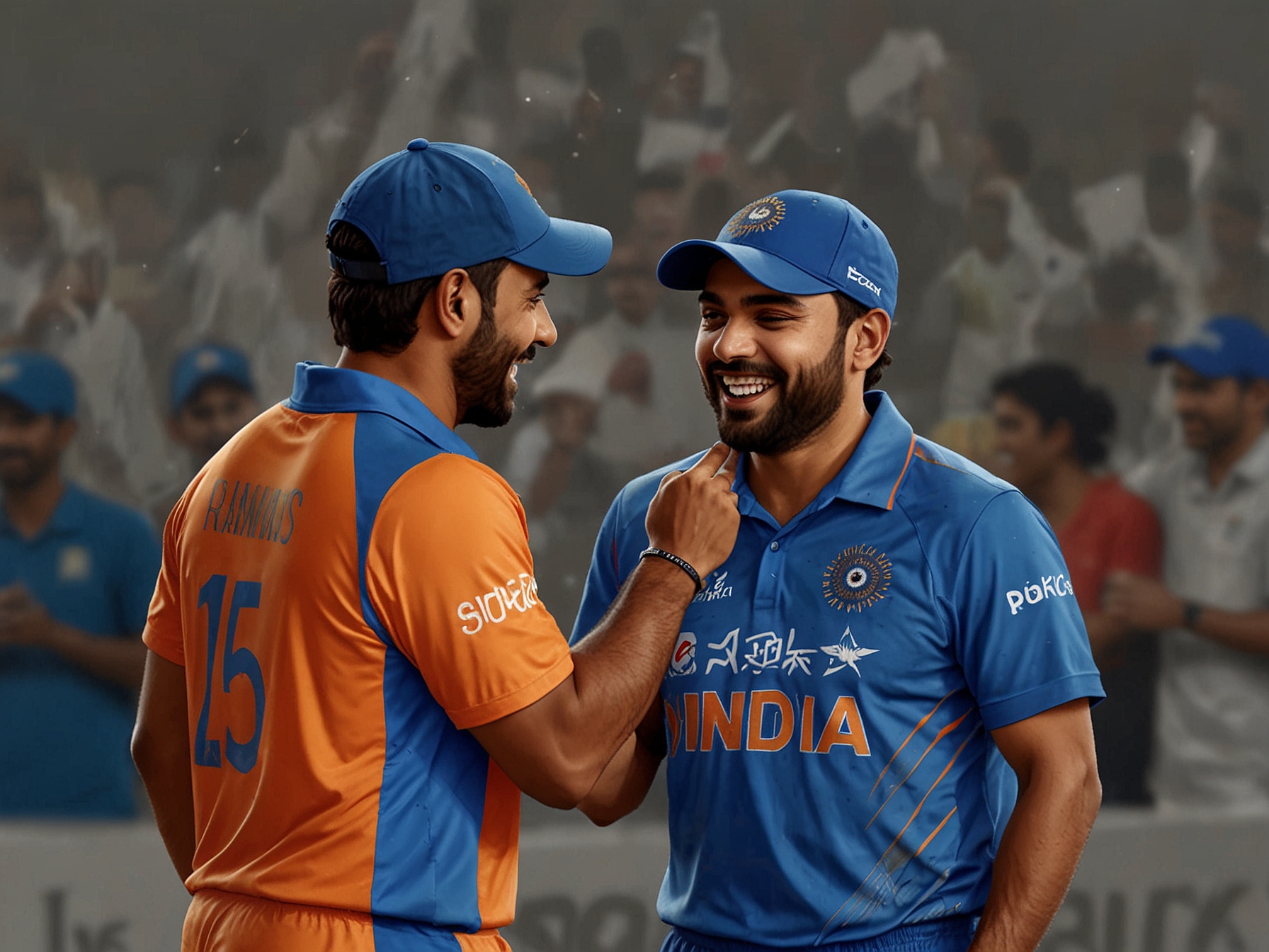 Rashid Khan and Rohit Sharma sharing a candid moment, smiling and expressing relief and joy after qualifying for the semifinals, as fans celebrate in the background.